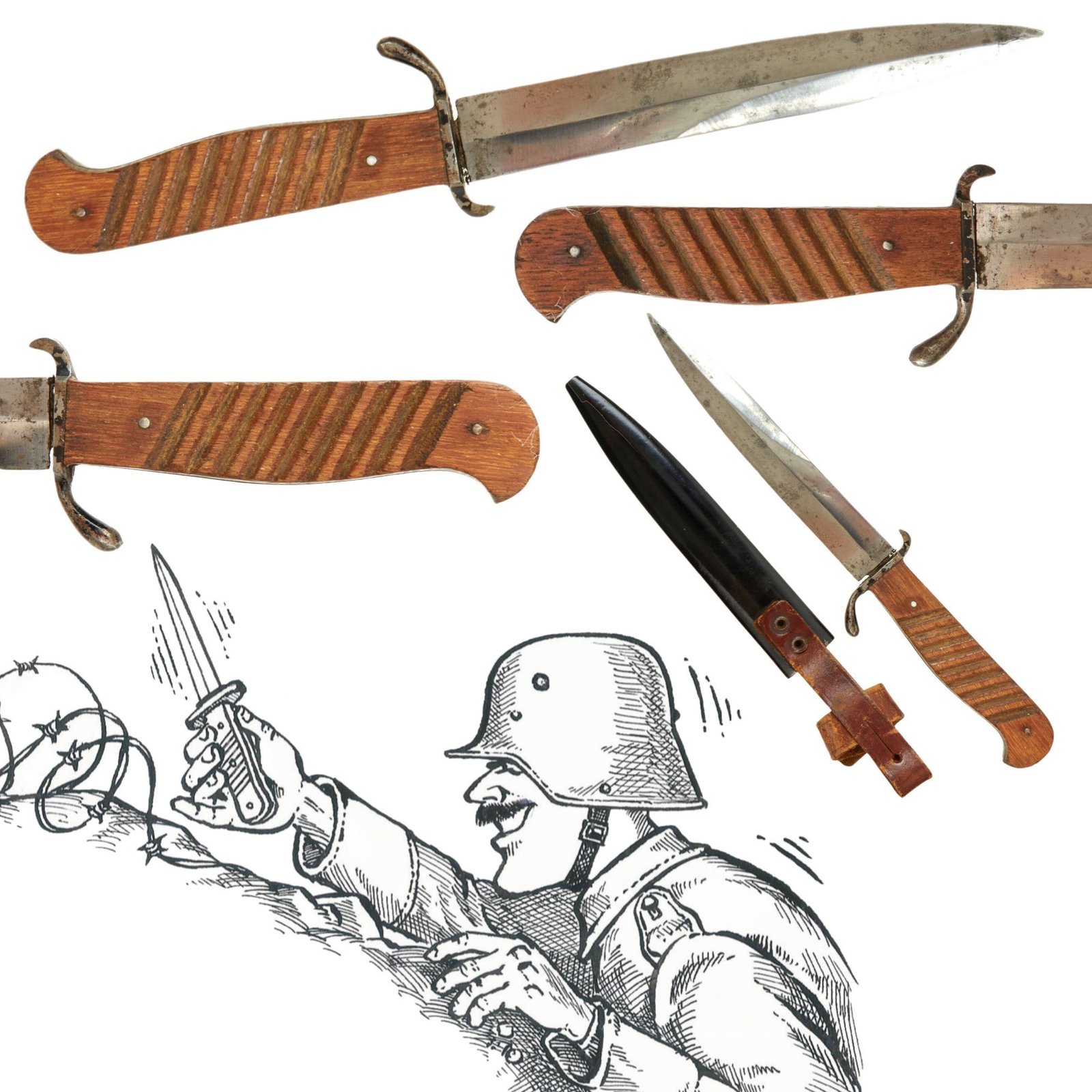 Buy Original German WWI Trench Fighting Knife with Ribbed Grips & Original Rolled Steel Scabbard | Original Firearms Antique For Sale