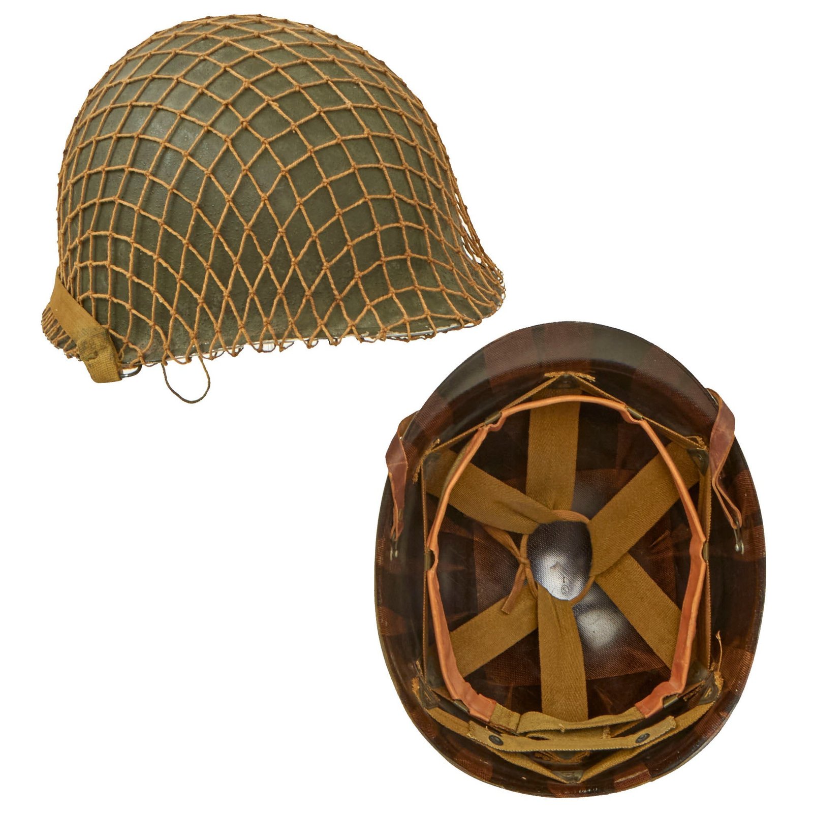 Buy Original U.S. WWII / Korean War M1 Front Seam Swivel Bale Helmet with Seaman Paper Company Liner & Helmet Net | Original Firearms Antique For Sale