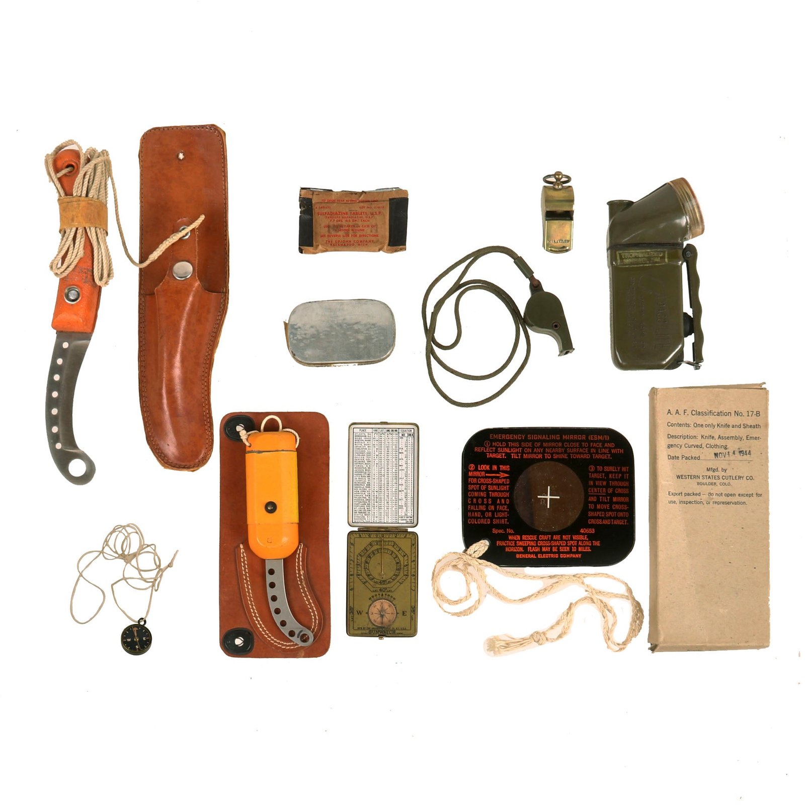 Buy Original U.S. WWII Army Air Forces Emergency Lifeboat Survival Kit with Knives, Flashlight, Signal Mirror, Compasses - Unissued | Original Firearms Antique For Sale