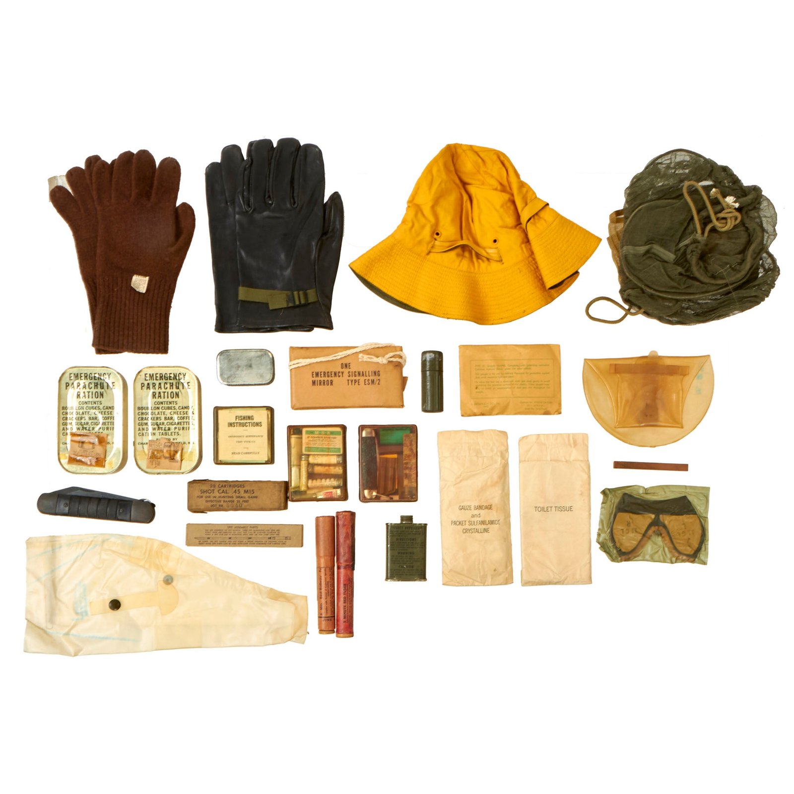 Buy Original U.S. WWII AAF Enormous Survival Equipment Lot - Emergency Parachute Rations & Sealed First Aid Kit | Original Firearms Antique For Sale