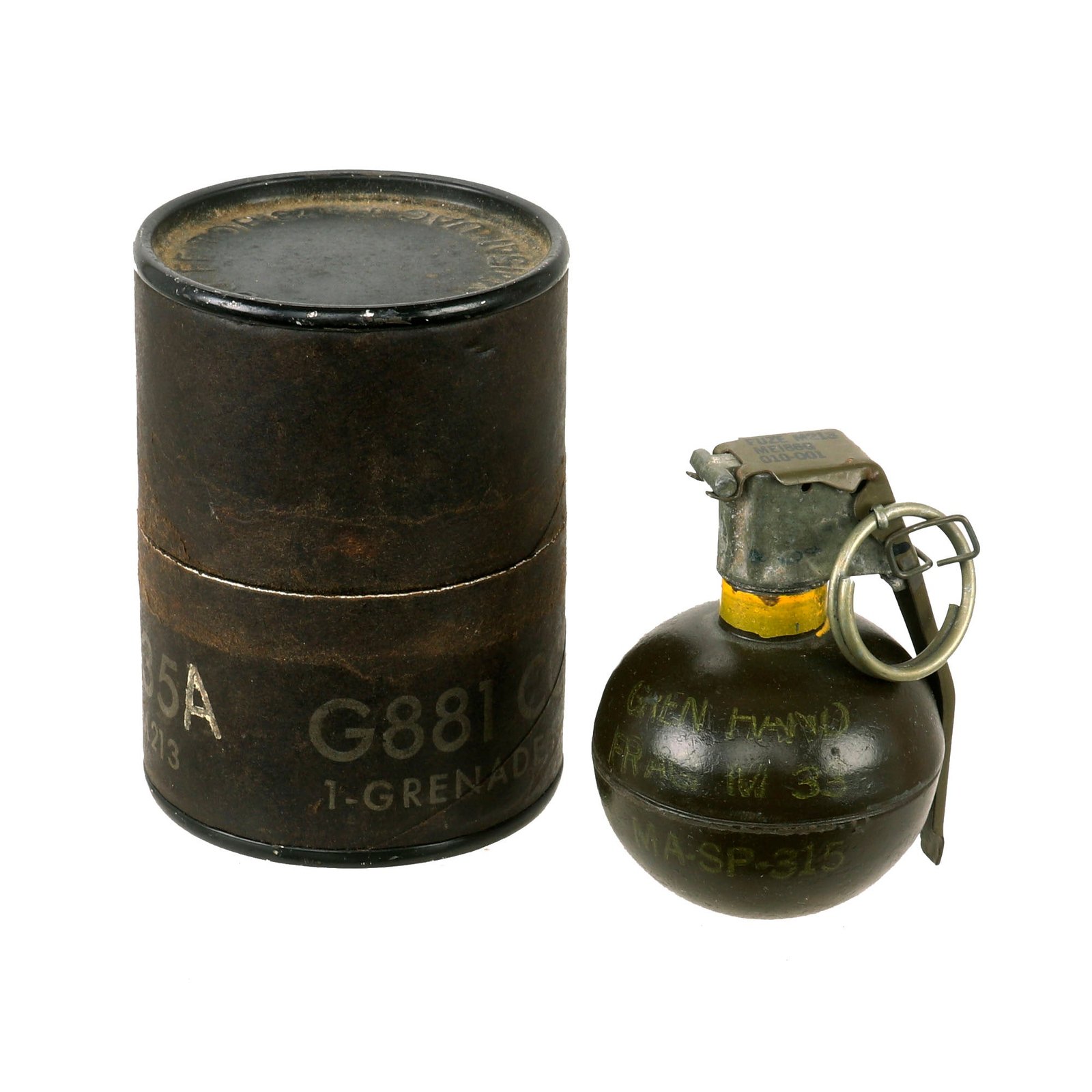Buy Original U.S. Vietnam War Era Inert M67 Fragmentation Hand Grenade with M213 Fuze in Husk Canister | Original Firearms Antique For Sale