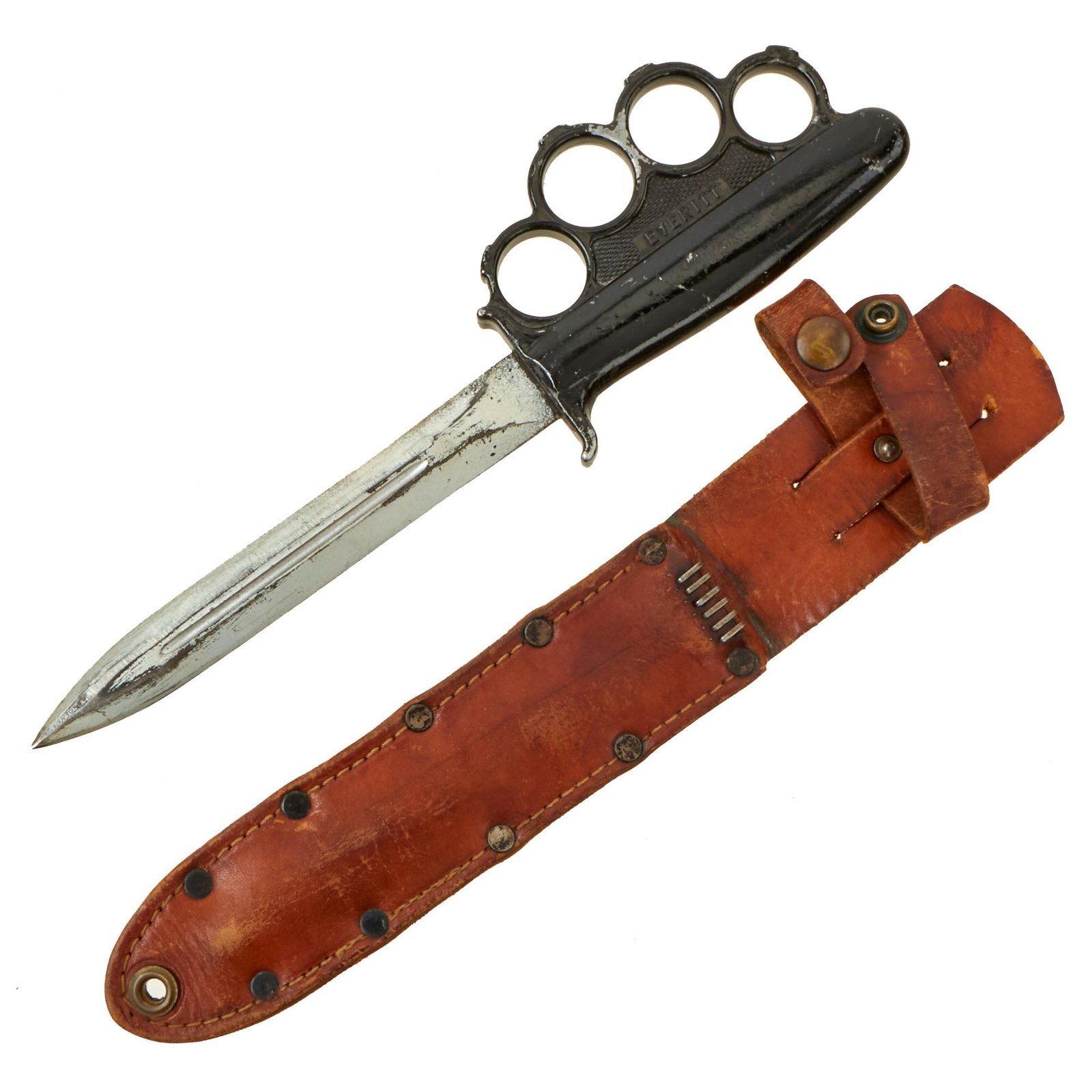 Buy Original Rare U.S. WWII Everitt Black Handle Knuckle Fighting Knife with Scabbard - New Old Stock | Original Firearms Antique For Sale