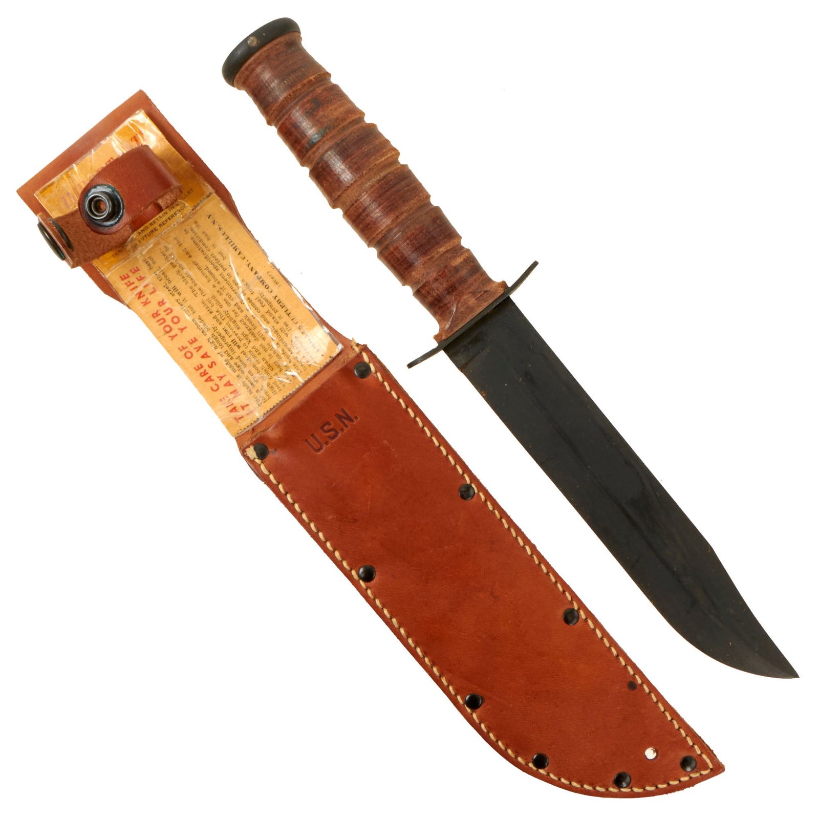 Buy Original U.S. WWII Late War Navy Mark 2 KA-BAR Fighting Knife by Union Cutlery with Leather Scabbard - With Camillus Cutlery Kabar “Care Card” | Original Firearms Antique For Sale