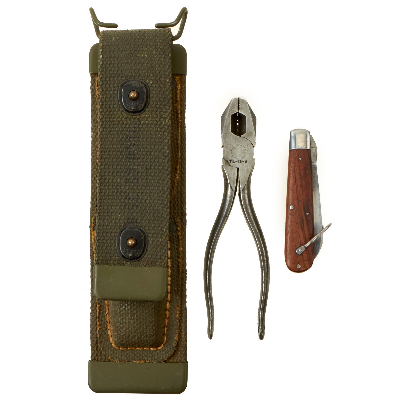 Buy Original U.S. WWII US Army Signal Corps Lineman’s Tool Set With CS-34 Treated Canvas Pouch, TL-29 Pocket Knife and TL-13-A Pliers | Original Firearms Antique For Sale