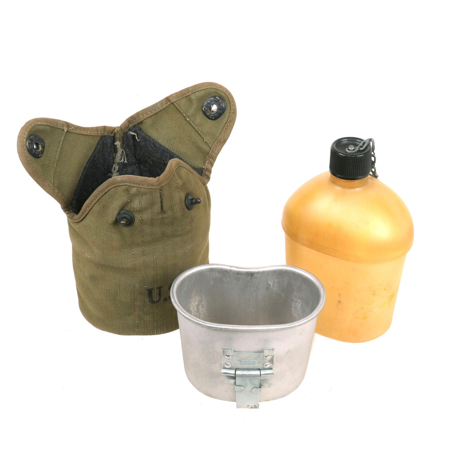 Buy Original U.S. WWII Experimental Ethylcellulose Plastic Canteen by P.I. with Cover & Cup - Dated 1941 & 1943 | Original Firearms Antique For Sale