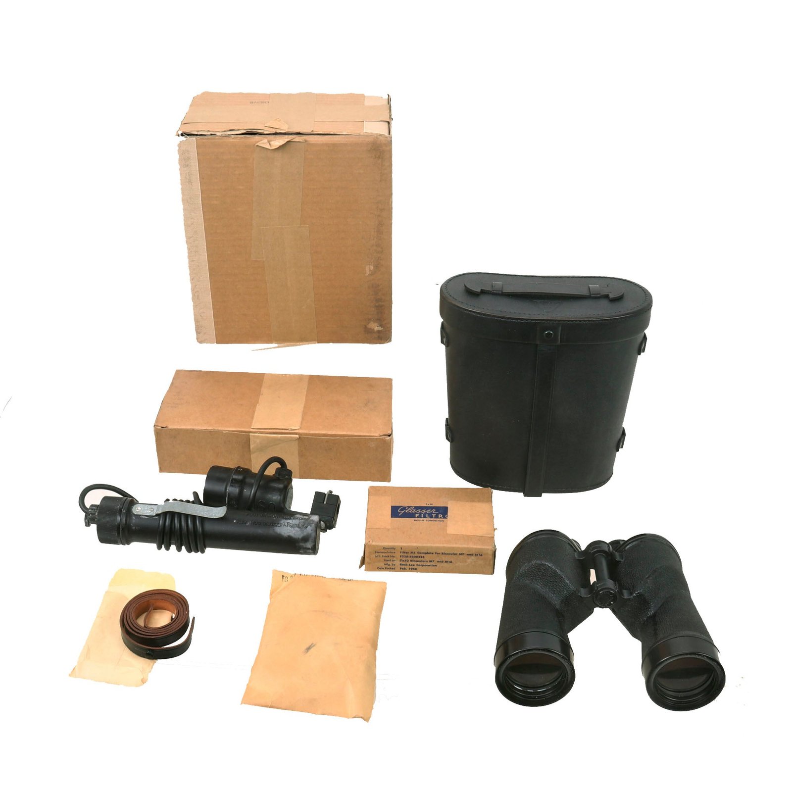Buy Original U.S. WWII 7x50 New Old Stock Unissued M7 Binoculars with Case in Original Box by Bausch & Lomb with Binocular Blinker Tube in Box - Dated 1943 | Original Firearms Antique For Sale