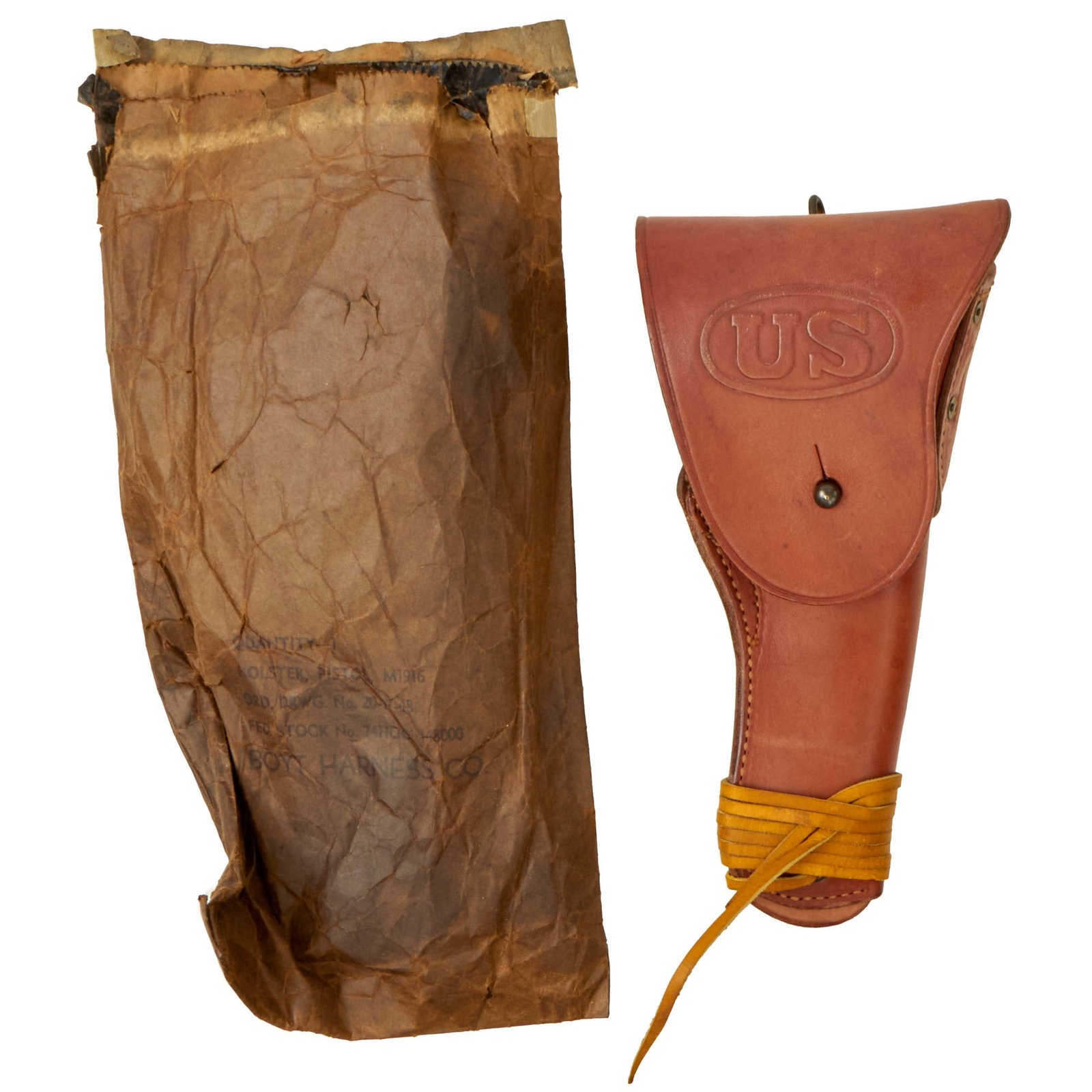 Buy Original U.S. WWII Mint Condition M1916 .45 Colt 1911 Leather Holster by Boyt in Original Bag with Leather Lanyard - Dated 1942 | Original Firearms Antique For Sale