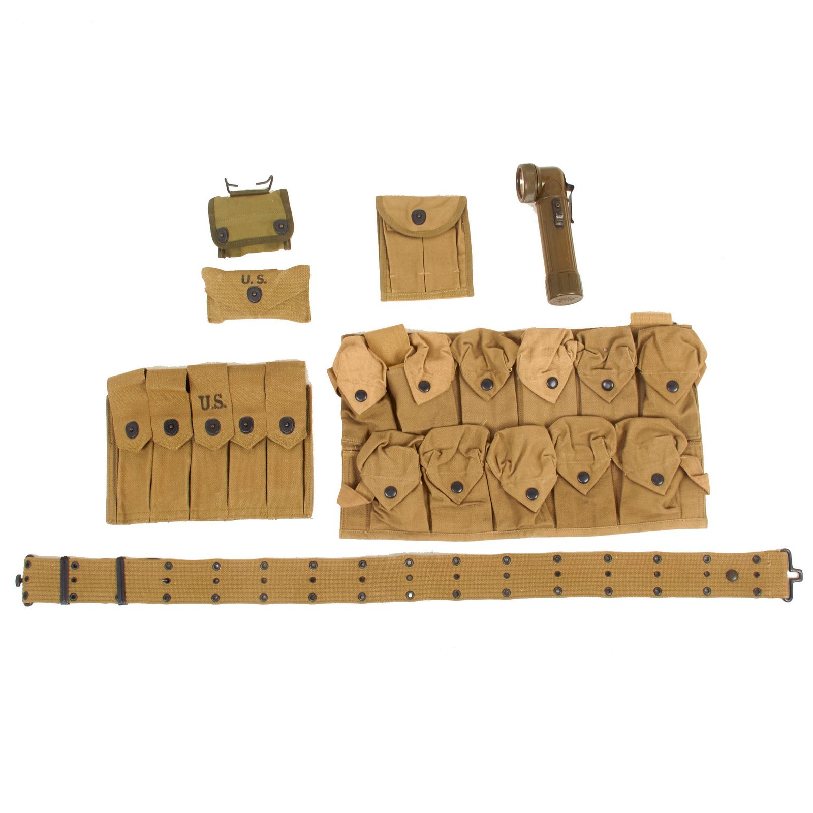 Buy Original U.S. WWI & WWII Unissued G.I. Field Gear Lot Featuring TL-122-B Flashlight & Bandage Pouch with Carlisle Bandage - 7 Items | Original Firearms Antique For Sale