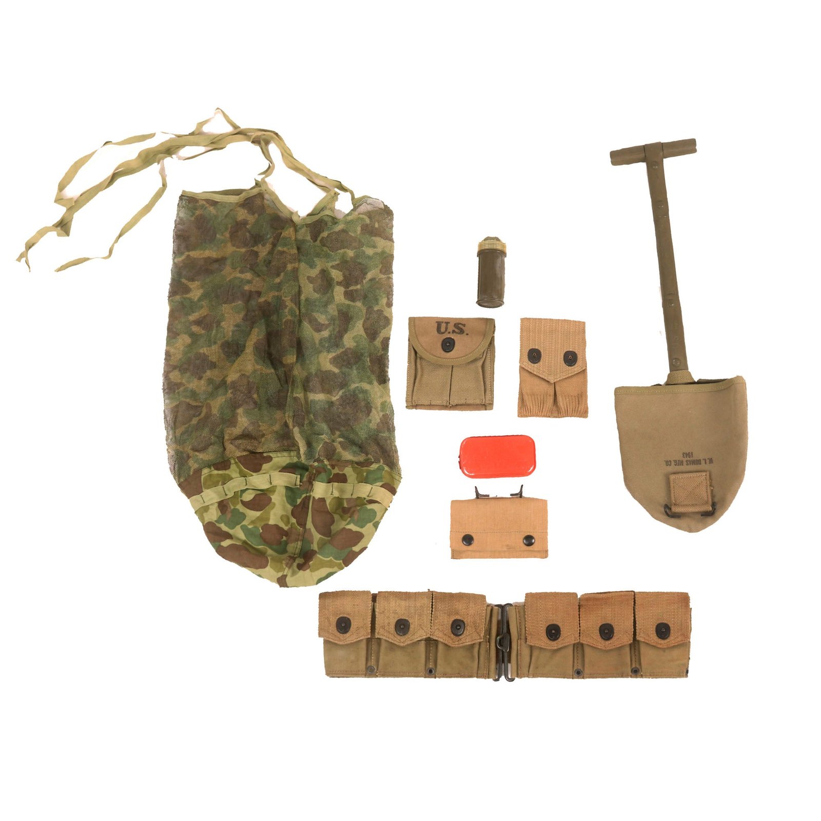 Buy Original U.S. WWI & WWII Unissued G.I. Field Gear Lot Featuring USMC Mosquito Helmet Net Cover, M1910 Entrenching Tool with 1943-Dated Cover and More - 7 Items | Original Firearms Antique For Sale