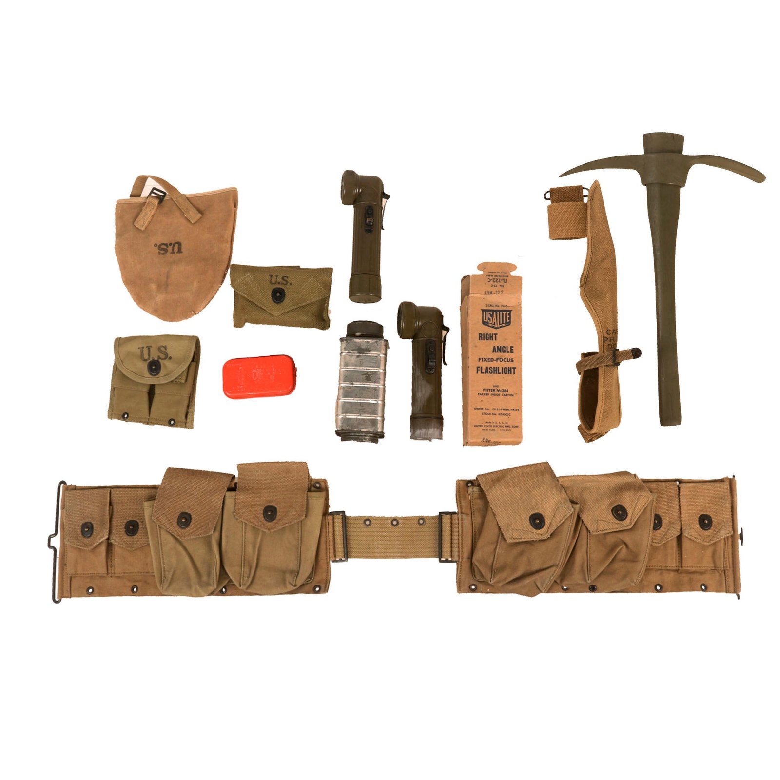 Buy Original U.S. WWI & WWII Unissued G.I. Field Gear Lot Featuring TL-122C Flashlight in Box & M1910 Mattock Pick with 1918-Dated Cover - 8 Items | Original Firearms Antique For Sale