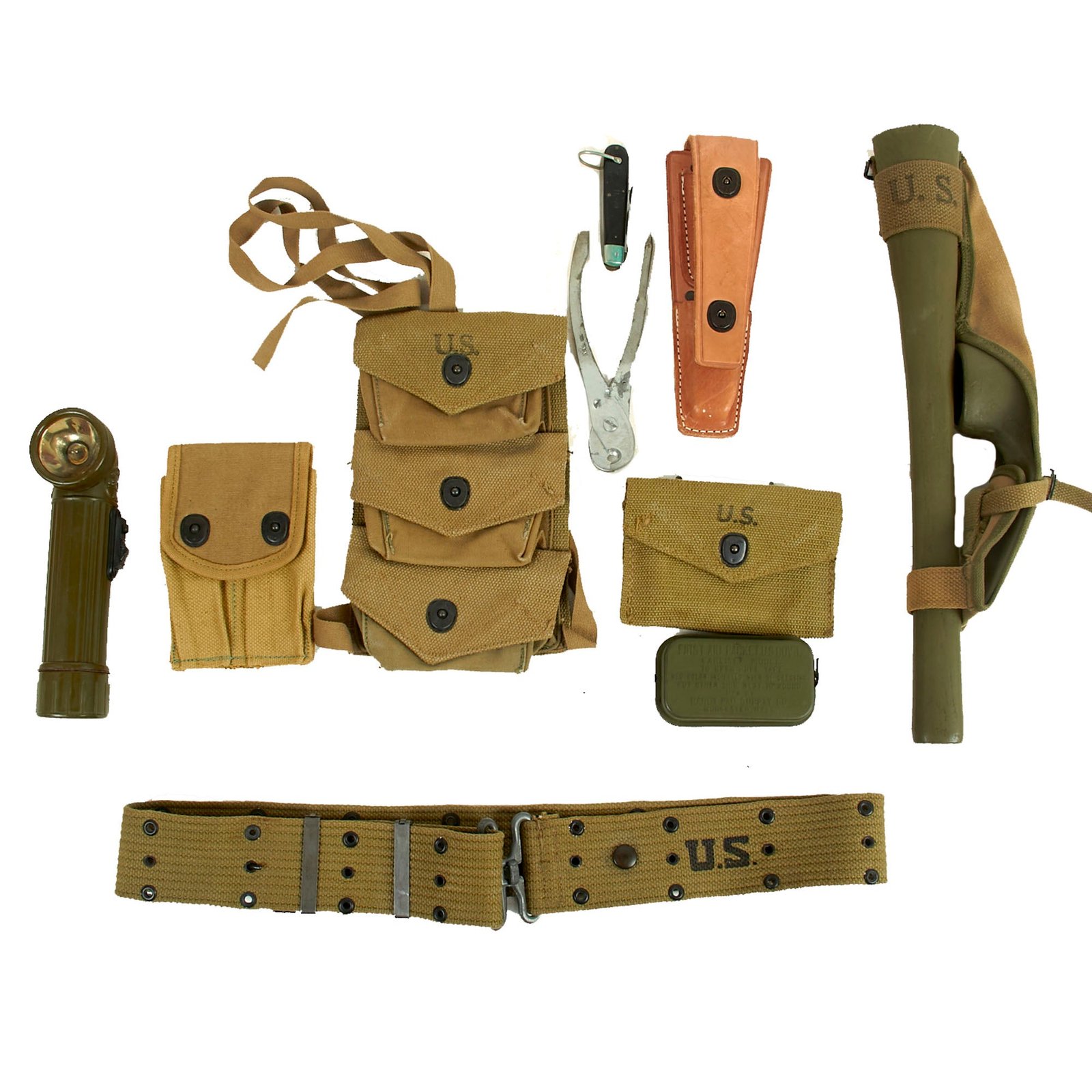 Buy Original U.S. WWI & WWII Unissued G.I. Field Gear Lot Featuring Pick Mattock Set & Bandage Pouch with Carlisle Bandage - 7 Items | Original Firearms Antique For Sale
