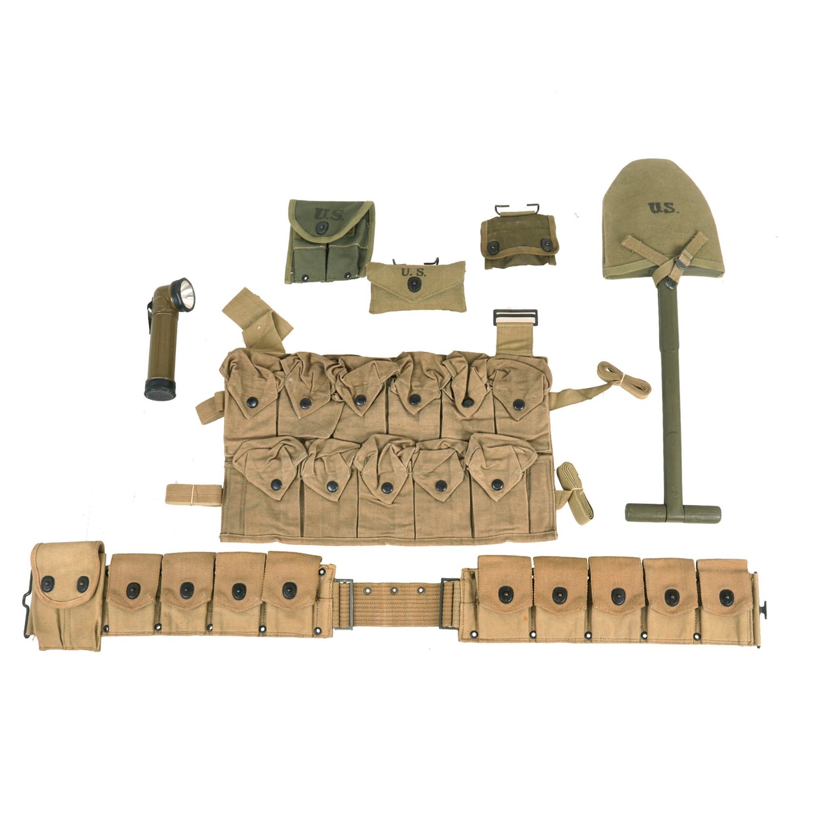 Buy Original U.S. WWI & WWII Unissued G.I. Field Gear Lot Featuring TL-122A Flashlight & M1910 Entrenching Tool with 1942-Dated Cover - 7 Items | Original Firearms Antique For Sale