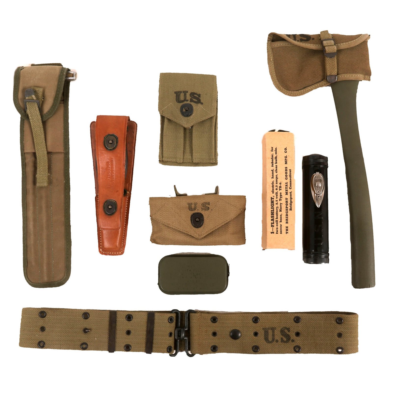 Buy Original U.S. WWII Unissued G.I. Field Gear Lot Featuring M1942 Axe, Navy Issue Flashlight in Box and More - 7 Items | Original Firearms Antique For Sale