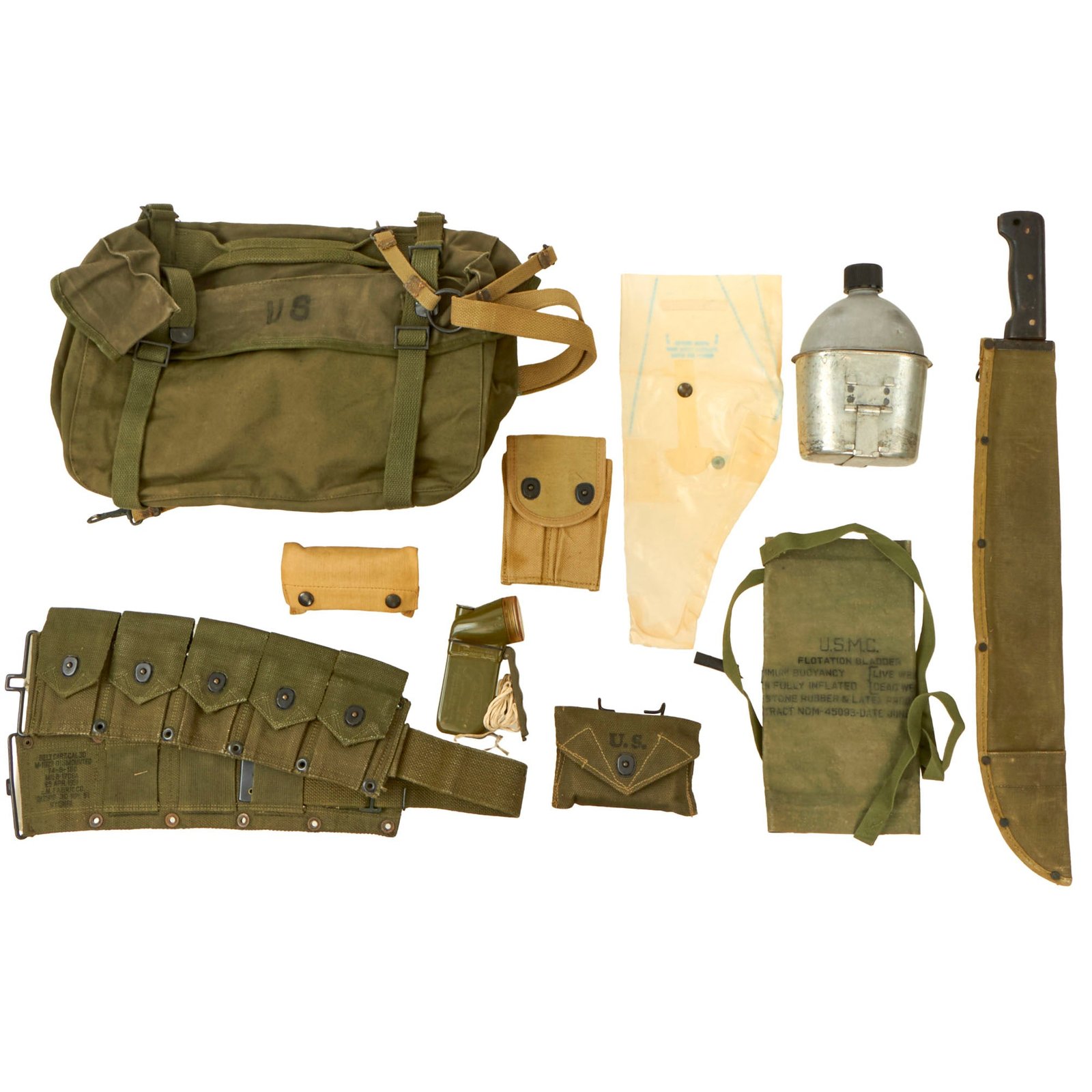 Buy Original U.S. WWII & Korean War Era G.I. Field Gear Lot Featuring Machete, Cartridge Belts, and First Aid Pouches with Carlisle Bandages - 10 Items | Original Firearms Antique For Sale
