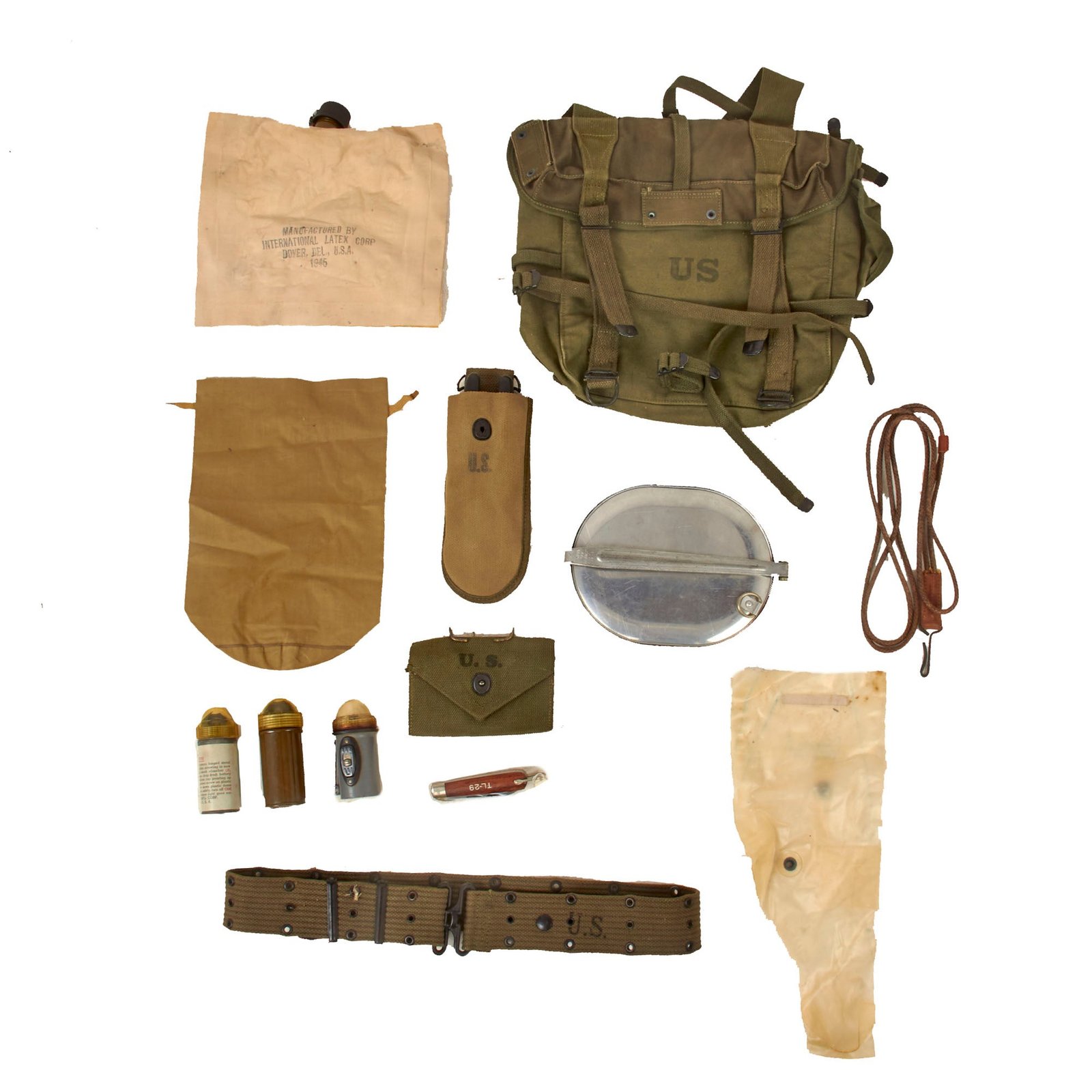 Buy Original U.S. WWII & Korean War Era G.I. Field Gear Lot Featuring M1945 Field Pack & M1938 Wire Cutters - 13 Items Total | Original Firearms Antique For Sale