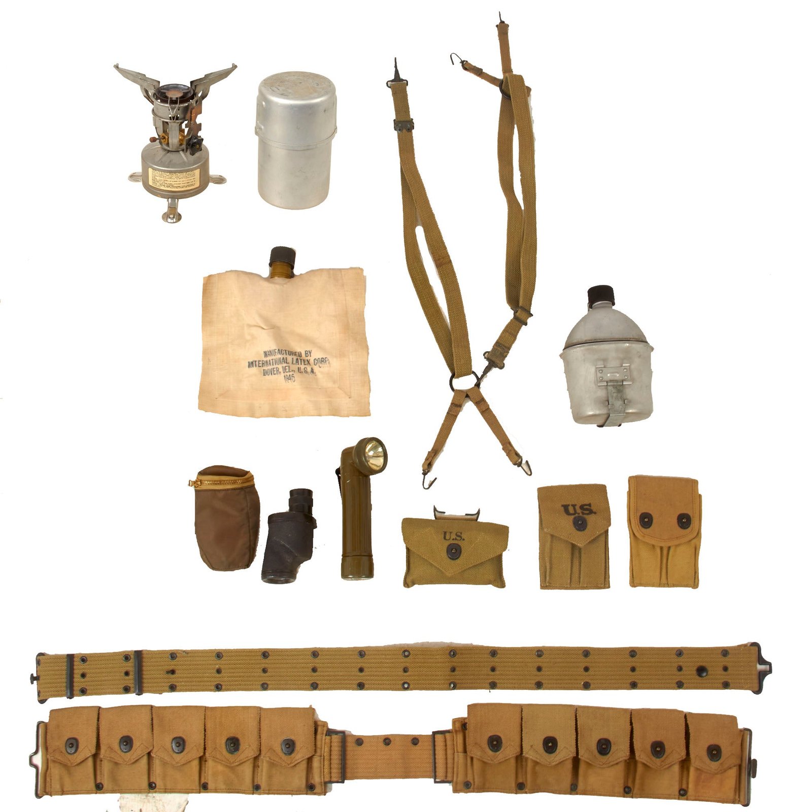 Buy Original U.S. WWII - WWI Field Gear Lot - Coleman Stove with Bayonet “F” Canister & First Aid Pouch with Carlisle Bandage & Tablets - 13 Items Total | Original Firearms Antique For Sale