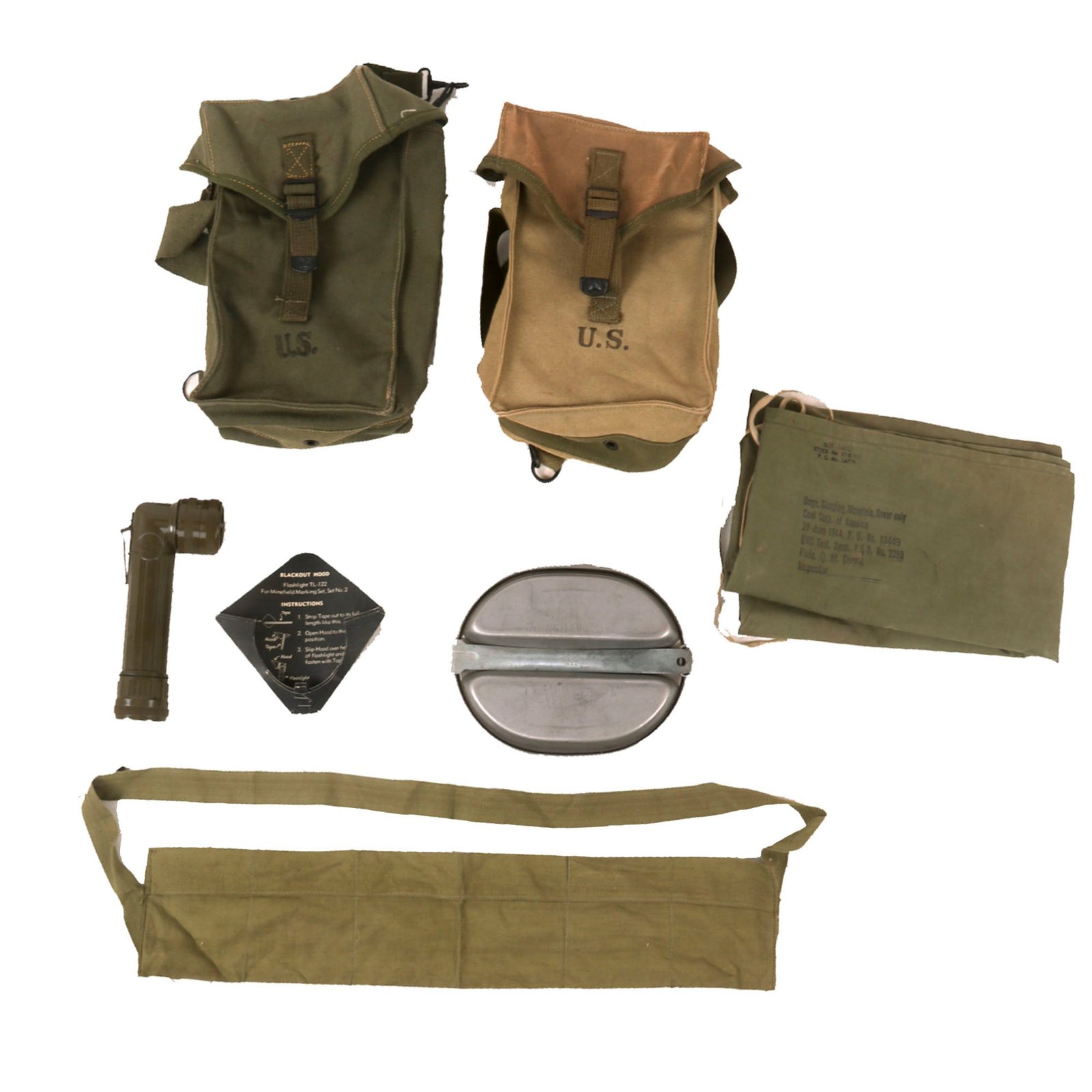 Buy Original U.S. WWII Unissued G.I. Field Gear Lot Featuring Two General Purpose Ammunition Bags & TL-122D Flashlight with Blackout Hood & More - 7 Items | Original Firearms Antique For Sale