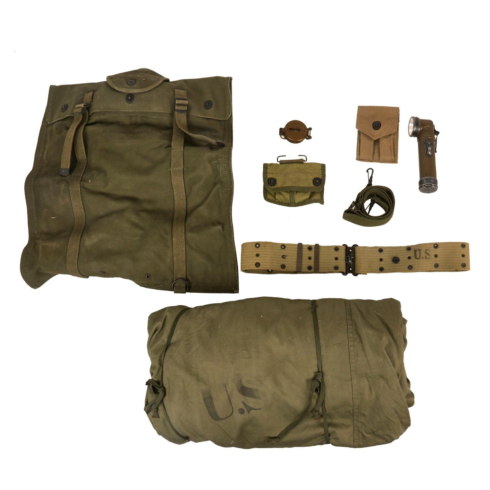 Buy Original U.S. WWII Era G.I. Field Gear Lot Featuring Lensatic Compass, Sleeping Bag, & 5 Gallon Collapsible Drinking Water Bag - 6 Items | Original Firearms Antique For Sale