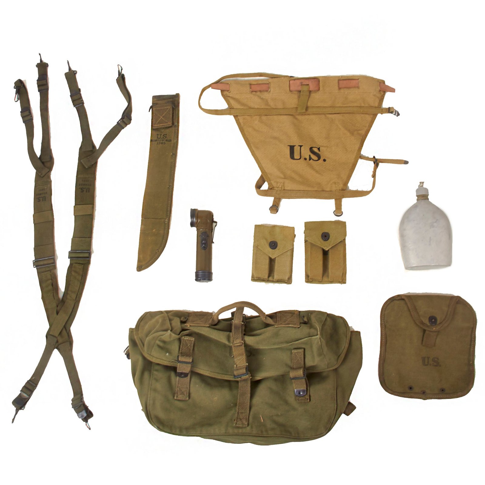 Buy Original U.S. WWII & Korean War Era G.I. Field Gear Lot Featuring TL-122A Flashlight & Two M1911 Pouches with Magazines - 9 Items | Original Firearms Antique For Sale
