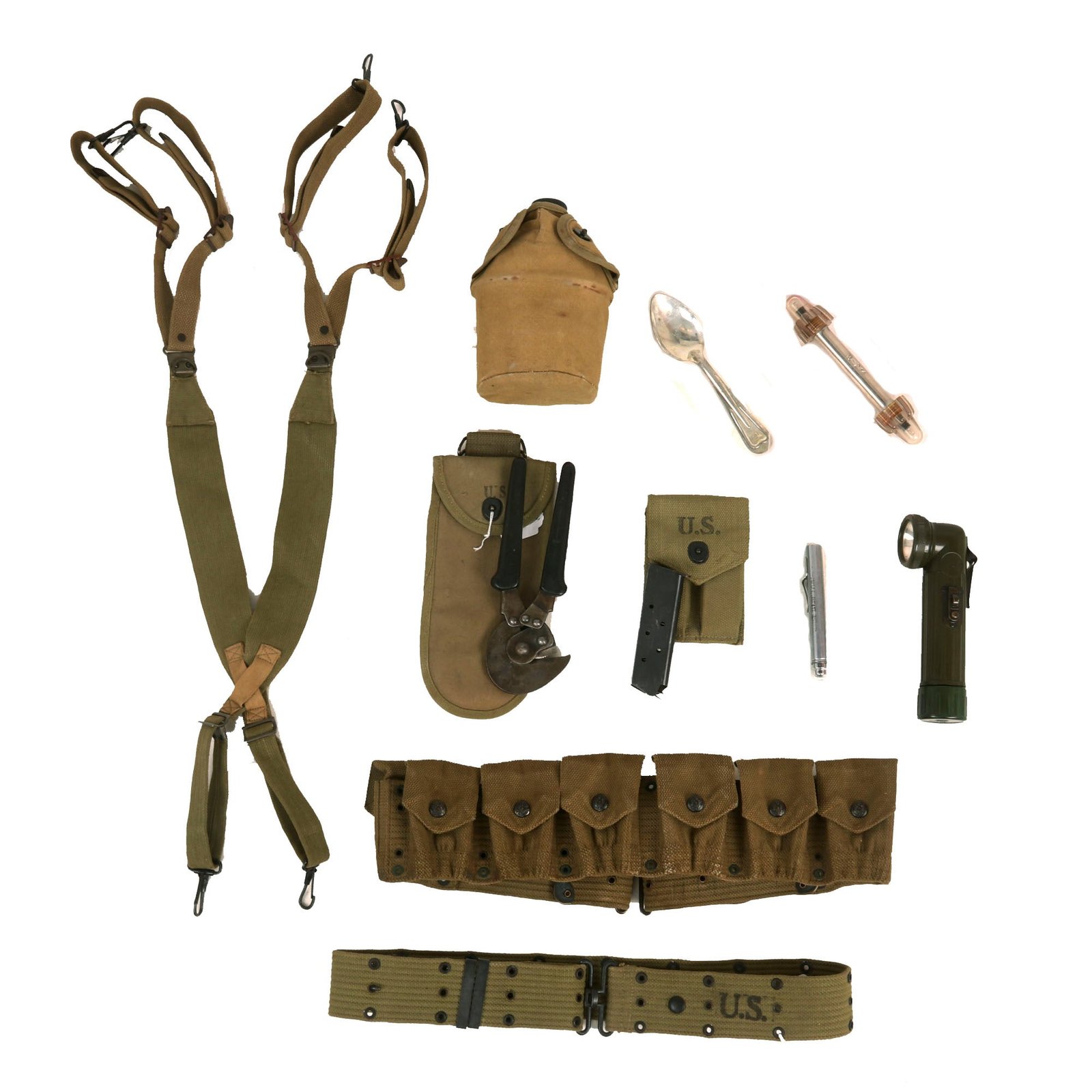 Buy Original U.S. WWII - WWI Field Gear Lot - Eagle Snap Cartridge Belt - Flashlights - Wire Cutters & Suspenders | Original Firearms Antique For Sale