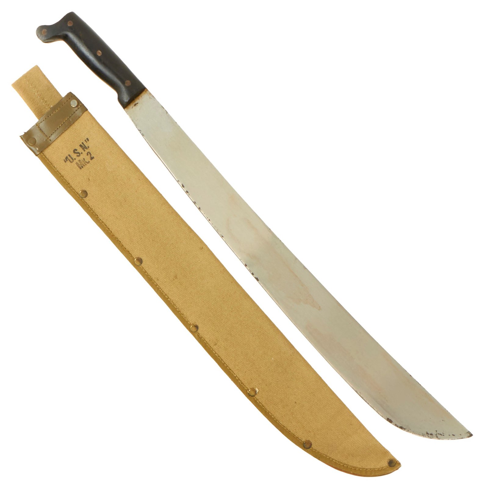 Buy Original WWII U.S. Navy MK-2 Collins & Co. Legitimus Long Jungle Machete Dated 1945 with Canvas Scabbard | Original Firearms Antique For Sale