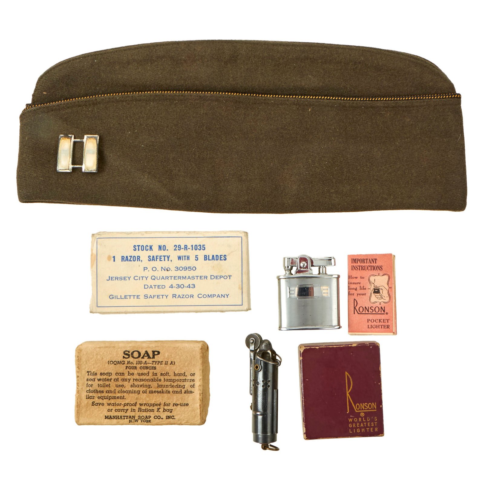Buy Original U.S. WWII Personal Effect Items Lot Including Captain’s Overseas Cap & Trench Lighter | Original Firearms Antique For Sale