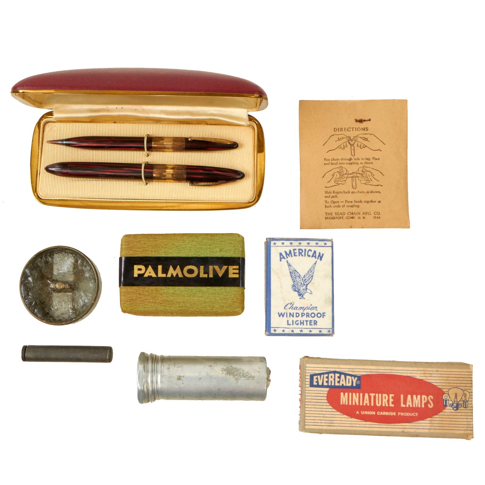 Buy Original U.S. WWII Personal Effect Items Lot Including Sealed Lighter & Palmolive Soap, Cased Pens | Original Firearms Antique For Sale