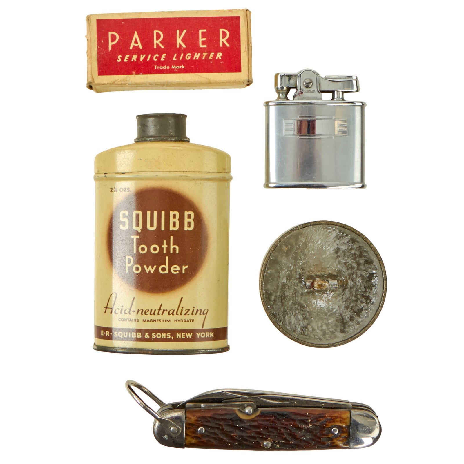 Buy Original U.S. WWII Personal Effect Items Lot Including Pocket Knife & Tooth Powder - Lighters | Original Firearms Antique For Sale