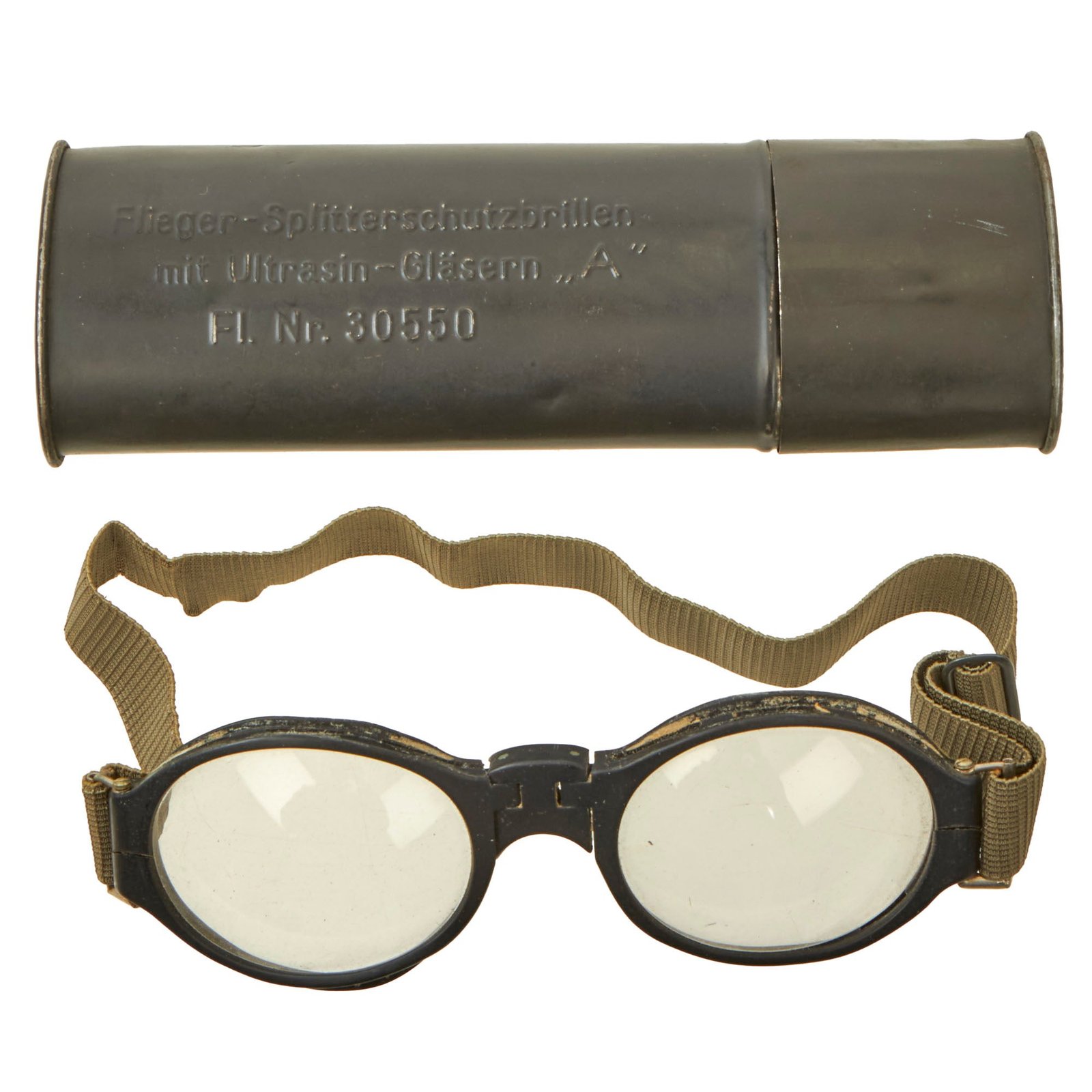 Buy Original German WWII Luftwaffe Fighter Pilot Splinter Goggles Ultrasin Glasses Type A with Original Storage Tin | Original Firearms Antique For Sale
