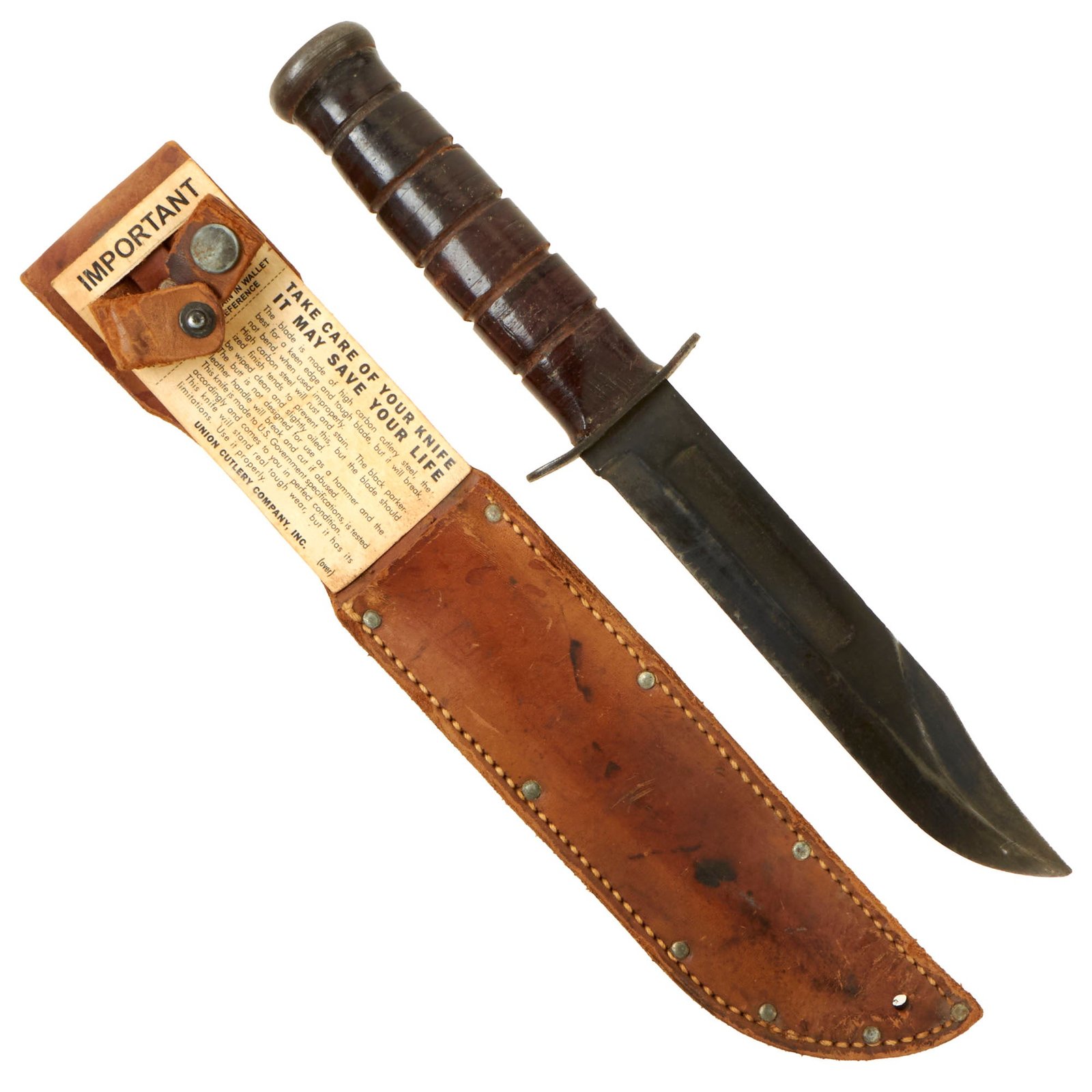 Buy Original U.S. WWII Late War Navy Mark 2 KA-BAR Fighting Knife by Union Cutlery with Leather Scabbard - With Union Cutlery Kabar “Care Card” | Original Firearms Antique For Sale