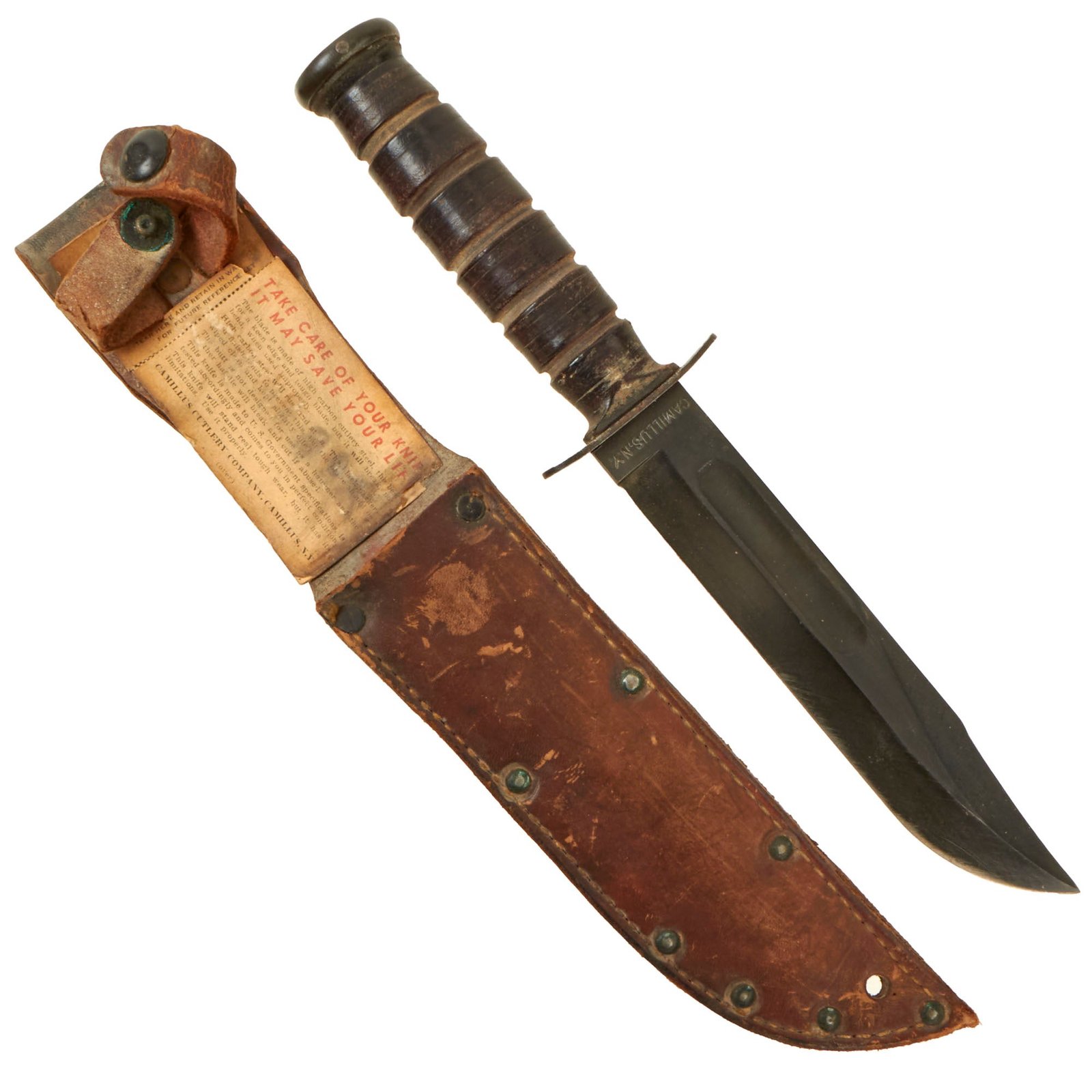 Buy Original U.S. WWII USMC KA-BAR Fighting Knife by Camillus with Leather Scabbard - With Camillus Cutlery Kabar “Care Card” | Original Firearms Antique For Sale