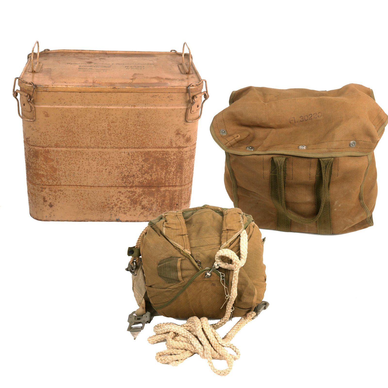 Buy Original German WWII Luftwaffe Fallschirmjäger Parachute Complete Set with Harness and Transit Chest dated 1944 | Original Firearms Antique For Sale