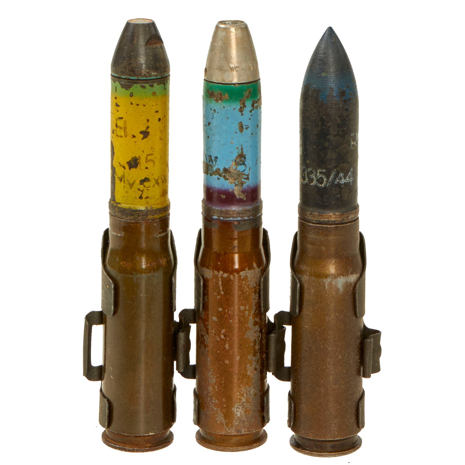 Buy Original German WWII Set of 3 Inert 20mm MG 151 Aircraft Autocannon Rounds in Belt Links | Original Firearms Antique For Sale