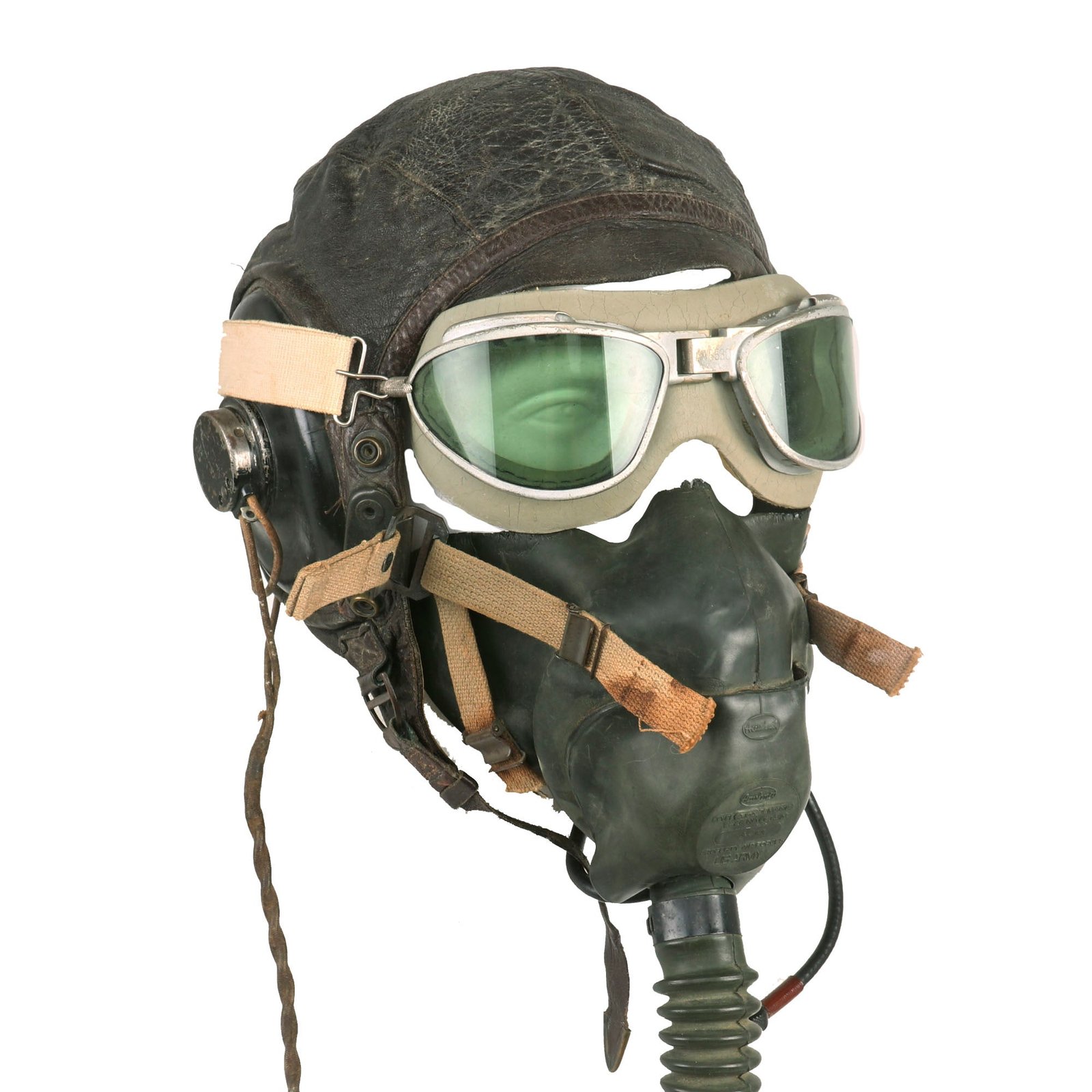 Buy Original U.S. WWII USAAF Aviator Flight Helmet Set - AN6530 Goggles, Extra Large A-11 Helmet, & Type A-10A Oxygen Mask | Original Firearms Antique For Sale