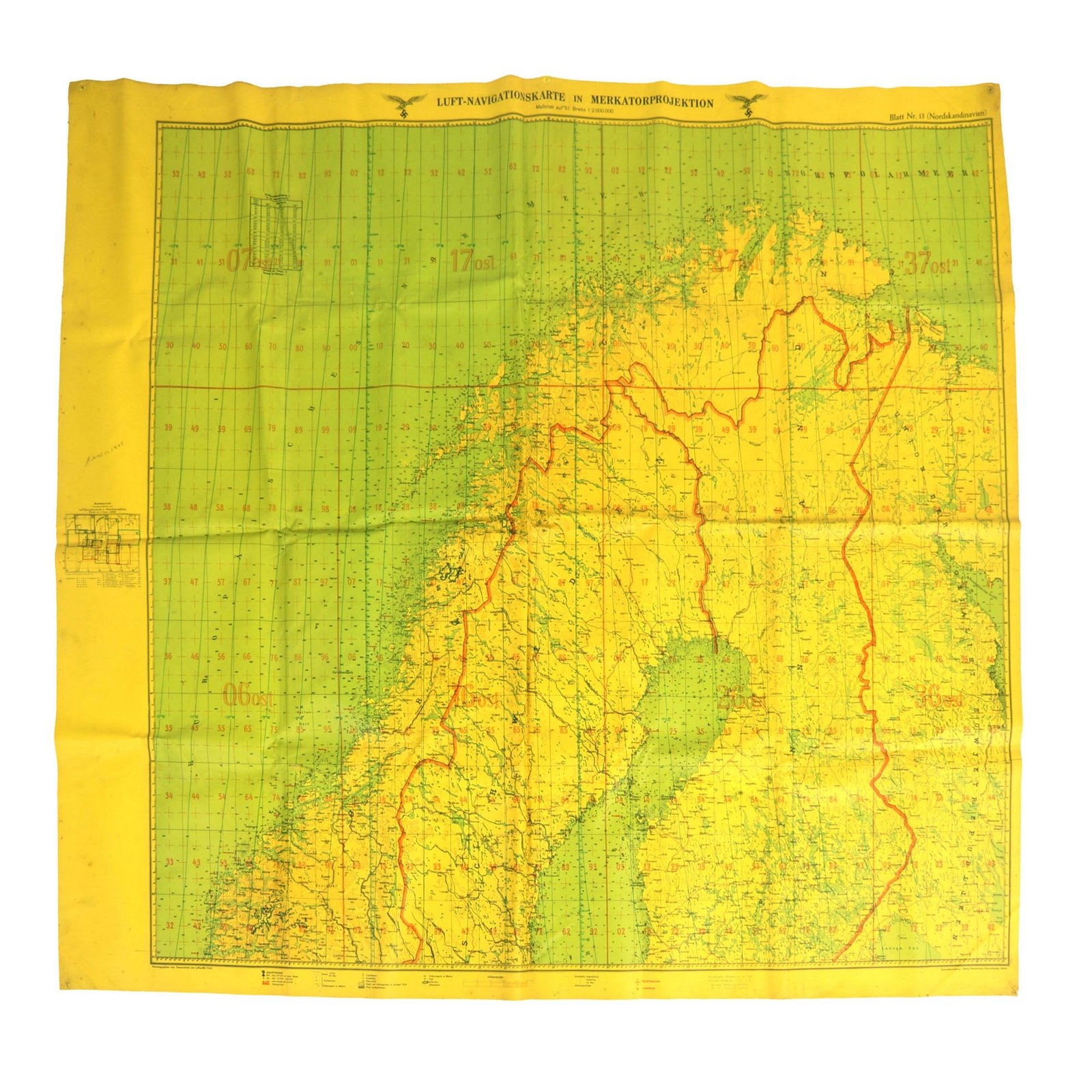 Buy Original German WWII Luftwaffe 45" x 49" Night Flight Navigator Map of Northern Scandinavia & Iceland - Dated 1940 | Original Firearms Antique For Sale