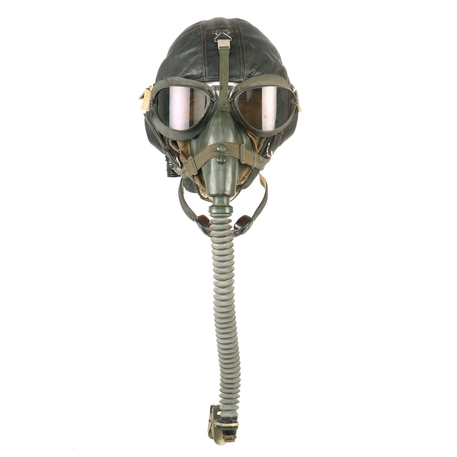 Buy Original German WWII Luftwaffe LKpW101 Leather Winter Flying Helmet with Avionics, Goggles, & Scarce Auer 10-67 Oxygen Mask | Original Firearms Antique For Sale