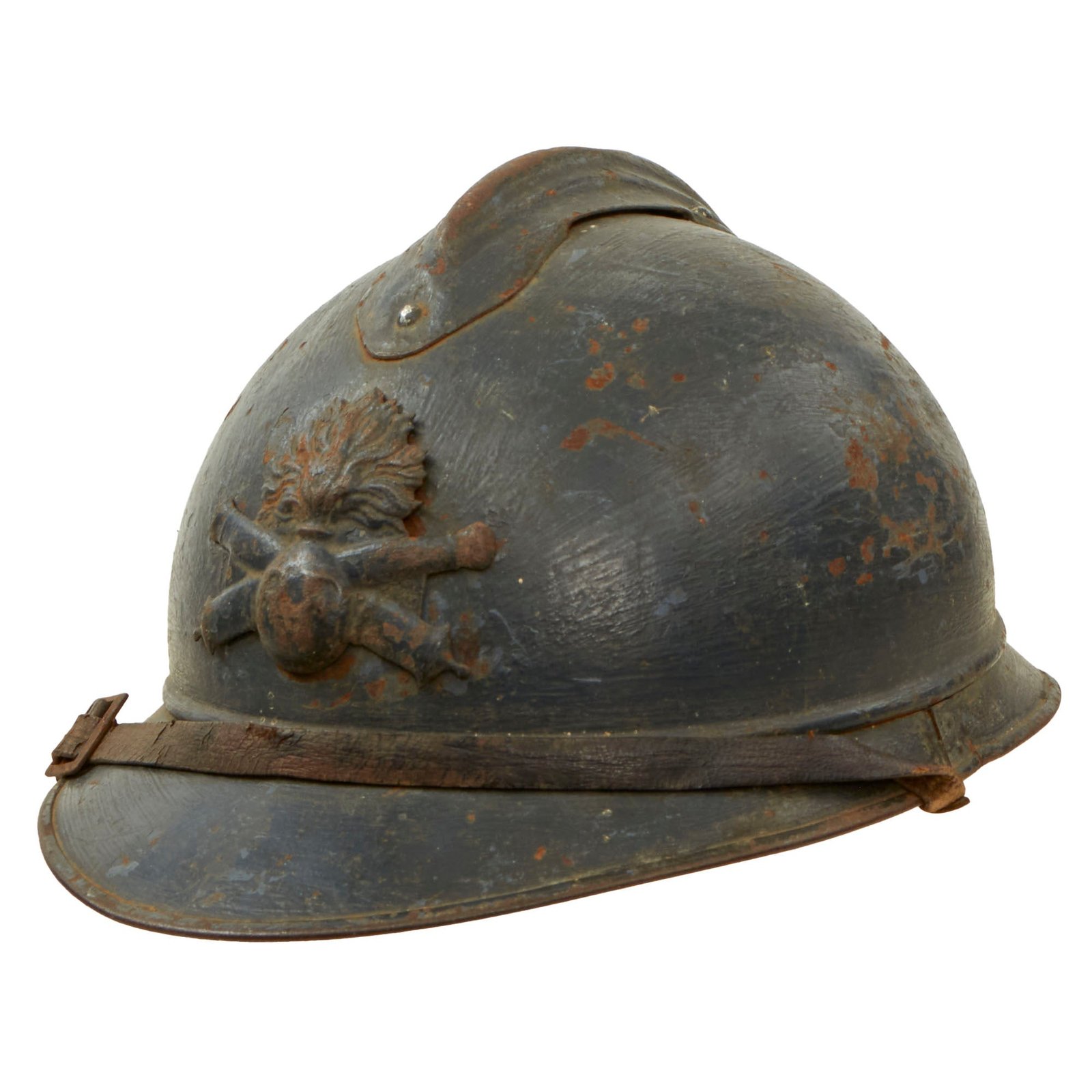Buy Original French WWI Model 1915 Adrian Helmet in Horizon Blue with Artillery RF Badge and 2nd Pattern Liner - Complete | Original Firearms Antique For Sale