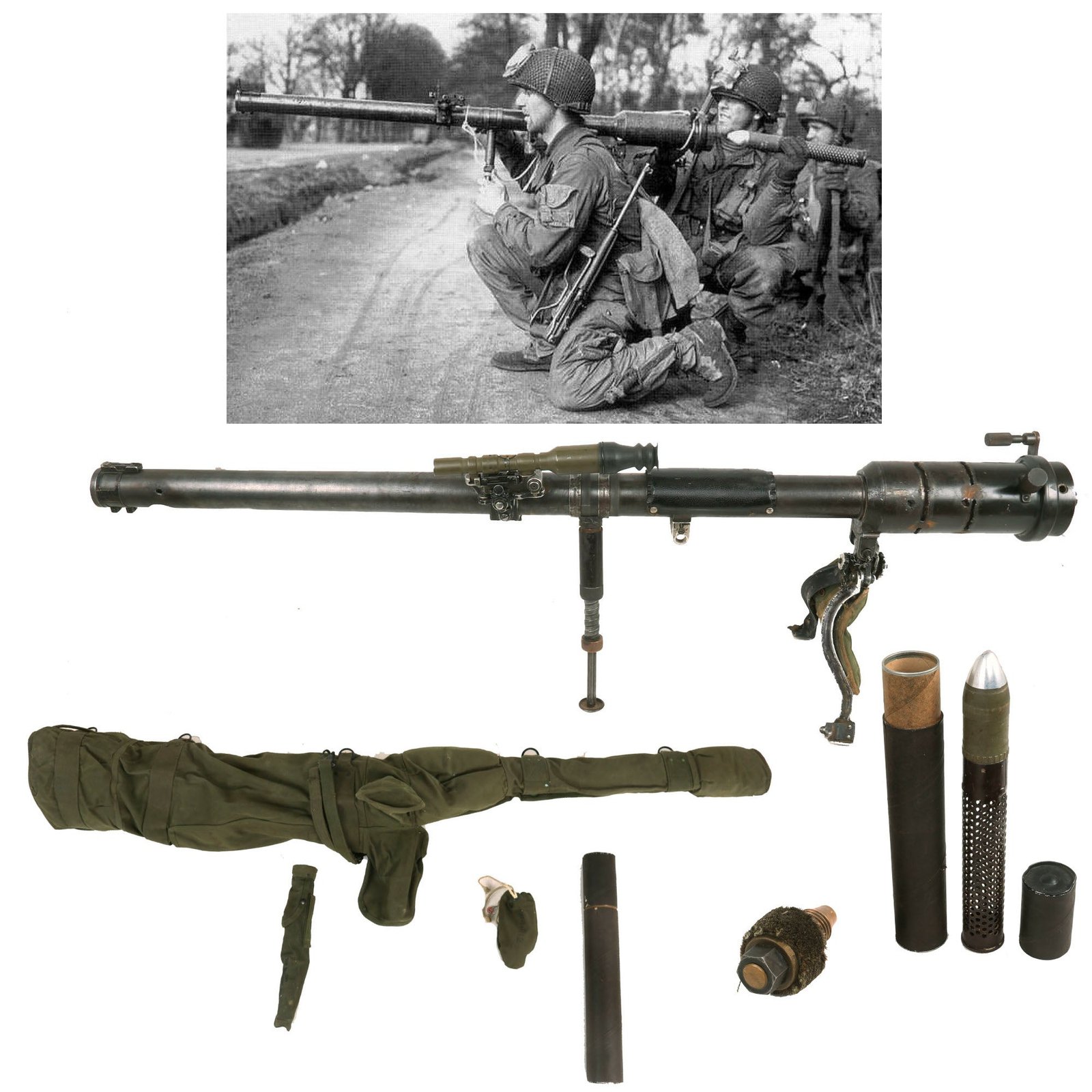 Buy Original U.S. WWII 1945 Dated Paratrooper M18 Recoilless Rifle with Field Cover, 57mm Round in Canister & More - Inert | Original Firearms Antique For Sale