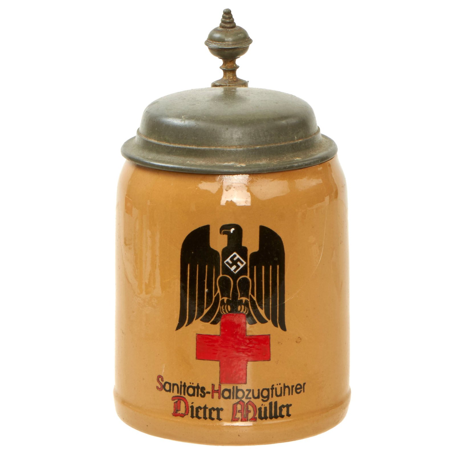 Buy Original German WWII Named Deutsches Rotes Kreuz DRK Marked 0.5L Beer Stein - Ceramic with Pewter Lid | Original Firearms Antique For Sale