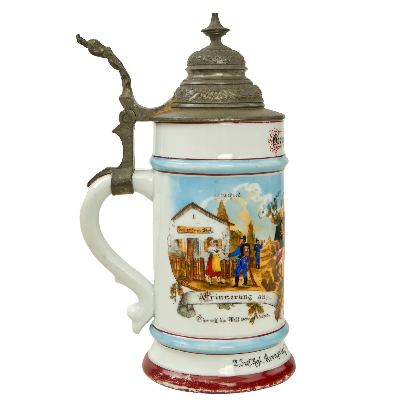 Buy Original Imperial German WWI Era Königlich Bayerisches 2. Infanterie Regiment "Kronprinz" Beer Stein with Hinged Lid - Dated 1895-1897 | Original Firearms Antique For Sale