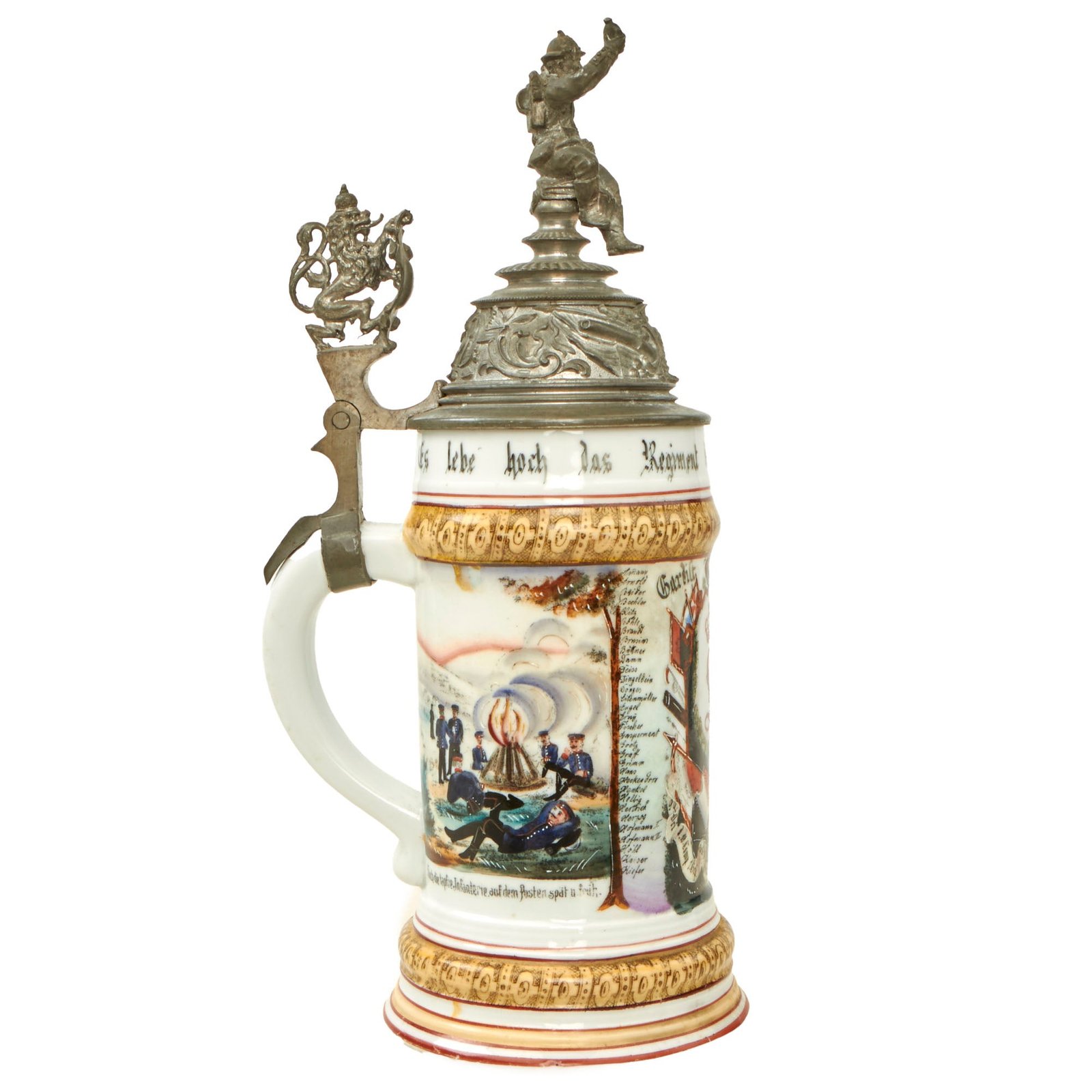 Buy Original Imperial German WWI Era Hessian 115th Lifeguard Infantry Regiment Beer Stein with Hinged Lid - Dated 1896-1898 | Original Firearms Antique For Sale