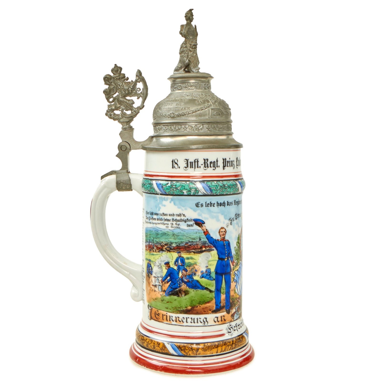 Buy Original Imperial German WWI Era 18th Royal Bavarian Infantry Regiment Reservist Beer Stein with Hinged Lid - Dated 1905-07 | Original Firearms Antique For Sale