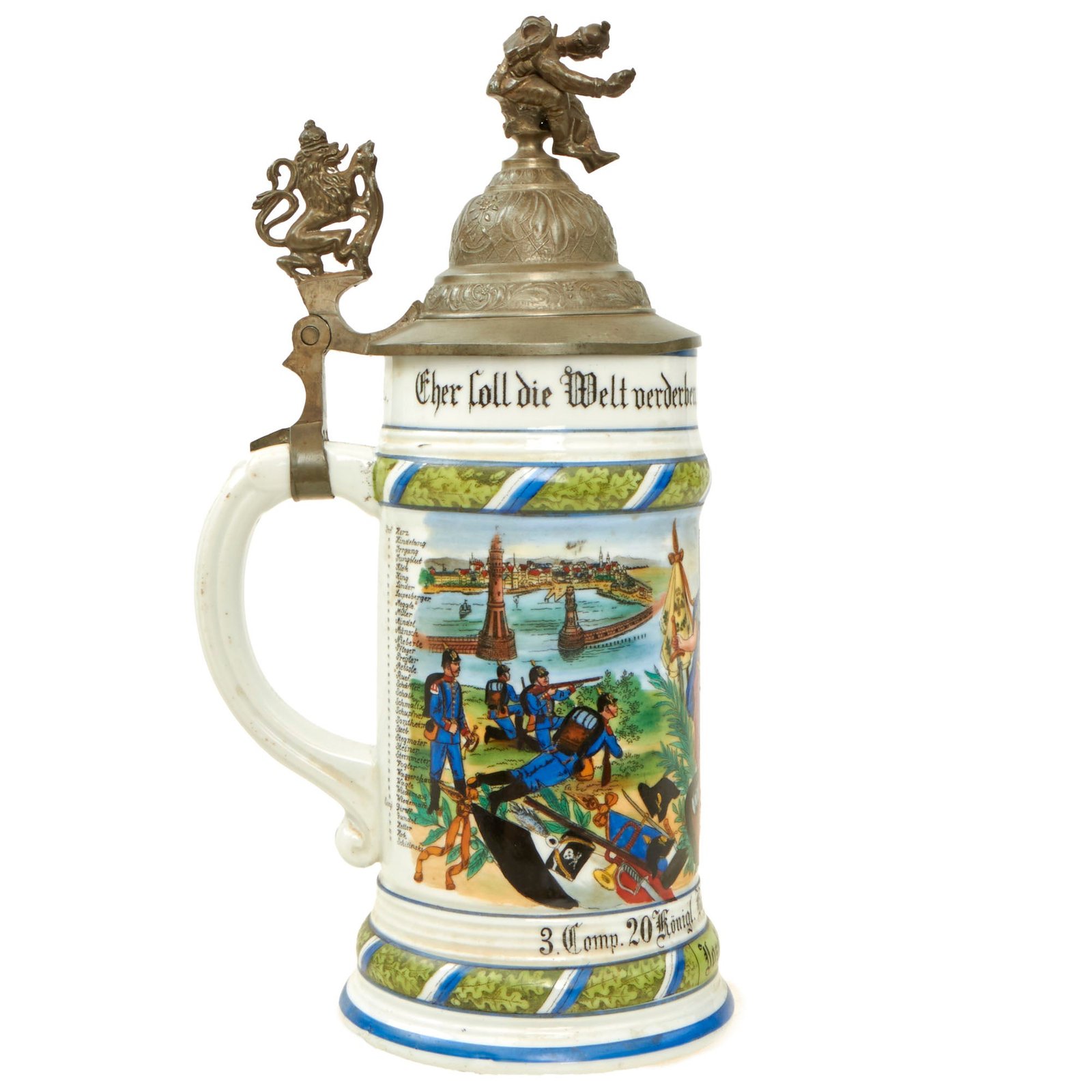 Buy Original Imperial German WWI Era 20th Royal Bavarian Infantry Regiment Reservist Beer Stein with Hinged Lid - Dated 1903-1905 | Original Firearms Antique For Sale