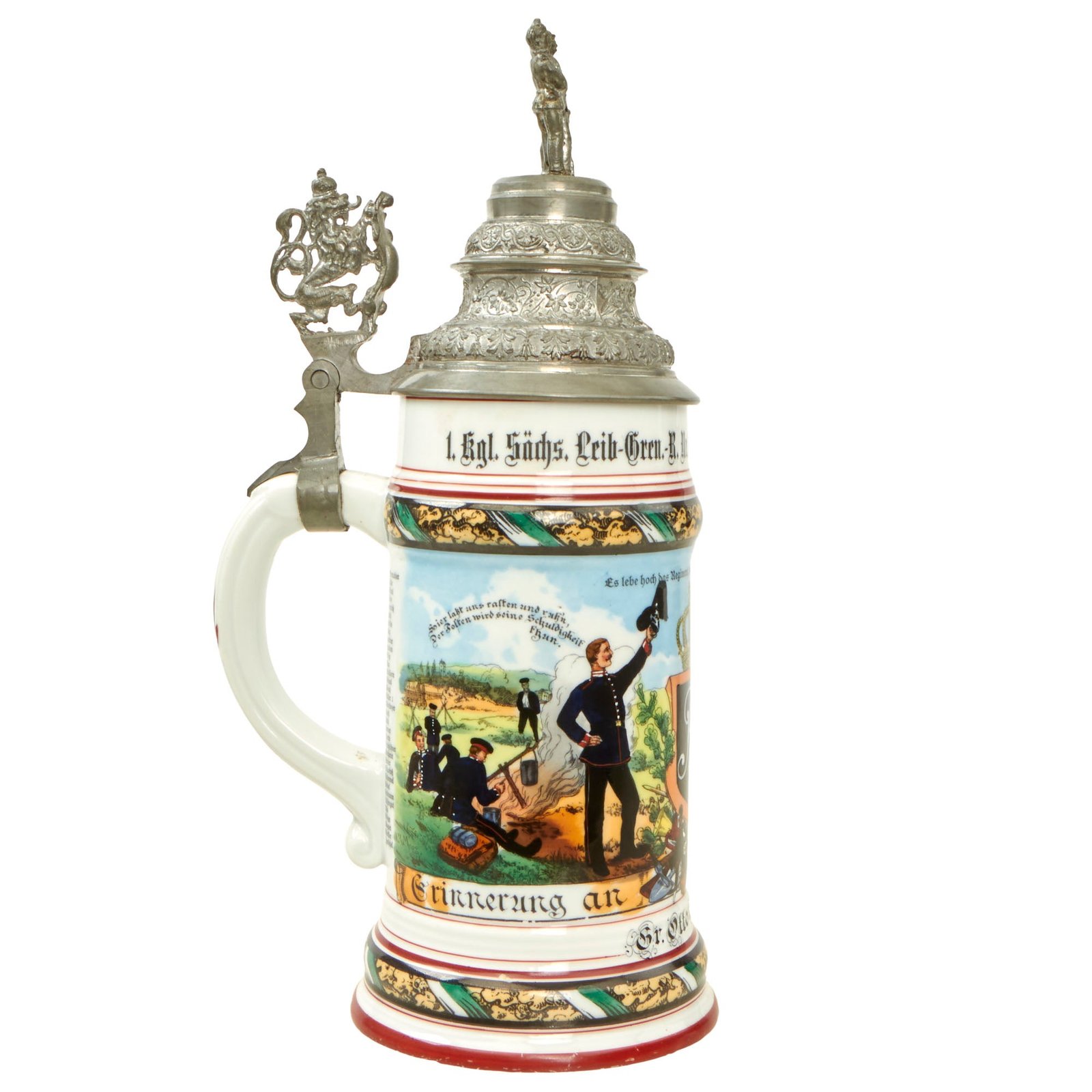 Buy Original Imperial German Pre-WWI Royal Saxon 1st Life Guard Grenadier Regiment 100 Beer Stein with Hinged Lid - Dated 1900-1902 | Original Firearms Antique For Sale