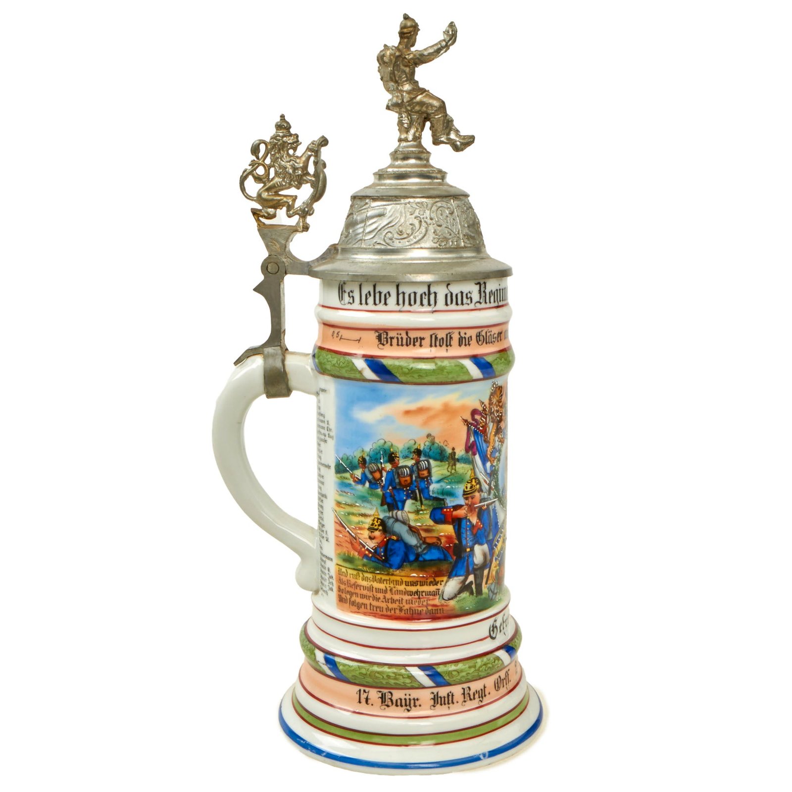 Buy Original Imperial German WWI Era 17th Royal Bavarian Infantry Regiment Reservist Beer Stein with Hinged Lid - Dated 1907-1909 | Original Firearms Antique For Sale