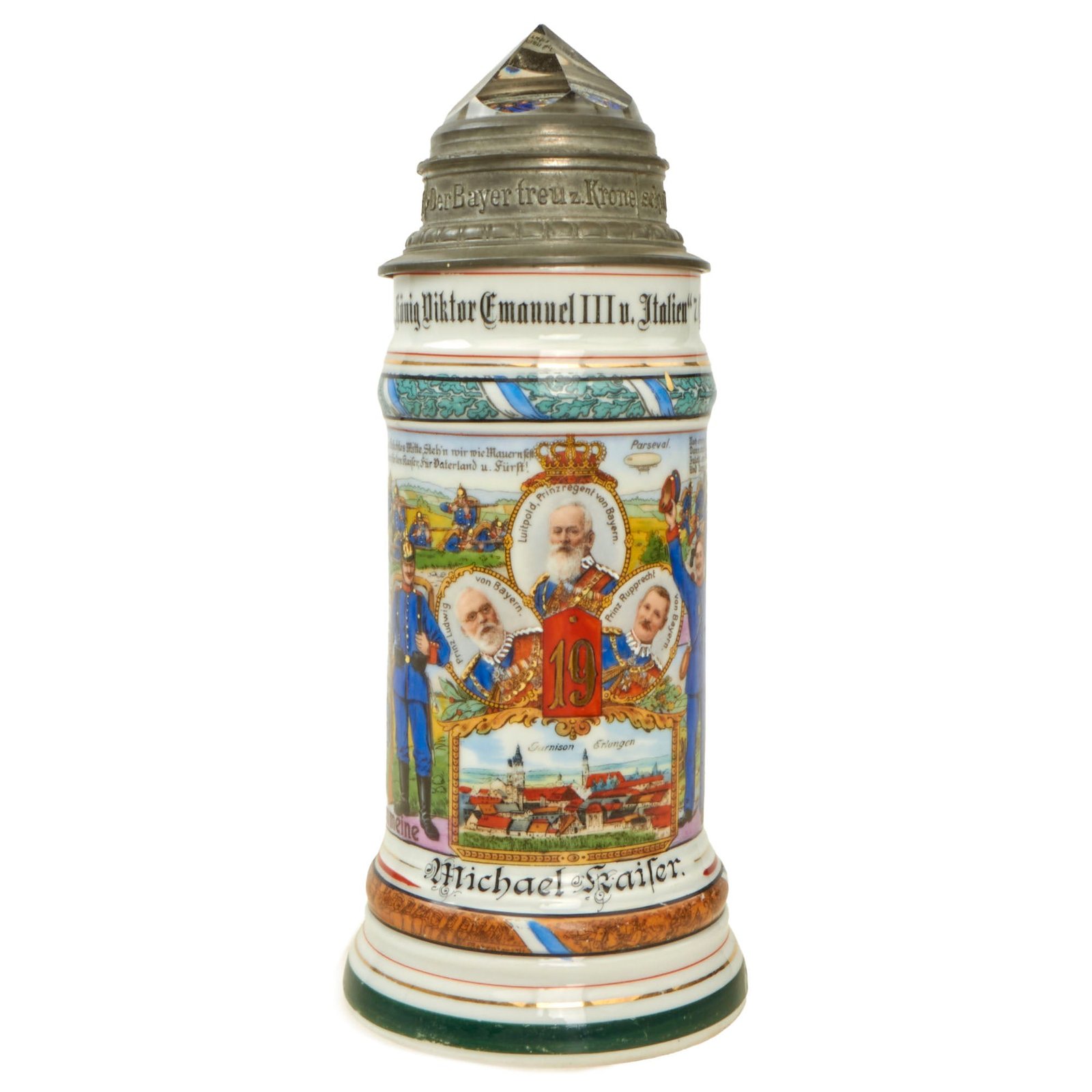 Buy Original Imperial German WWI Era 19th Royal Bavarian Infantry Regiment Reservist Beer Stein with Prism Lid - Dated 1911-1913 | Original Firearms Antique For Sale