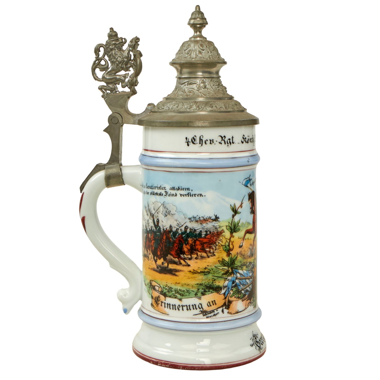 Buy Original Imperial German WWI Era 4th Royal Bavarian Chevau-légers "King" Beer Stein with Hinged Lid - Dated 1897-1900 | Original Firearms Antique For Sale