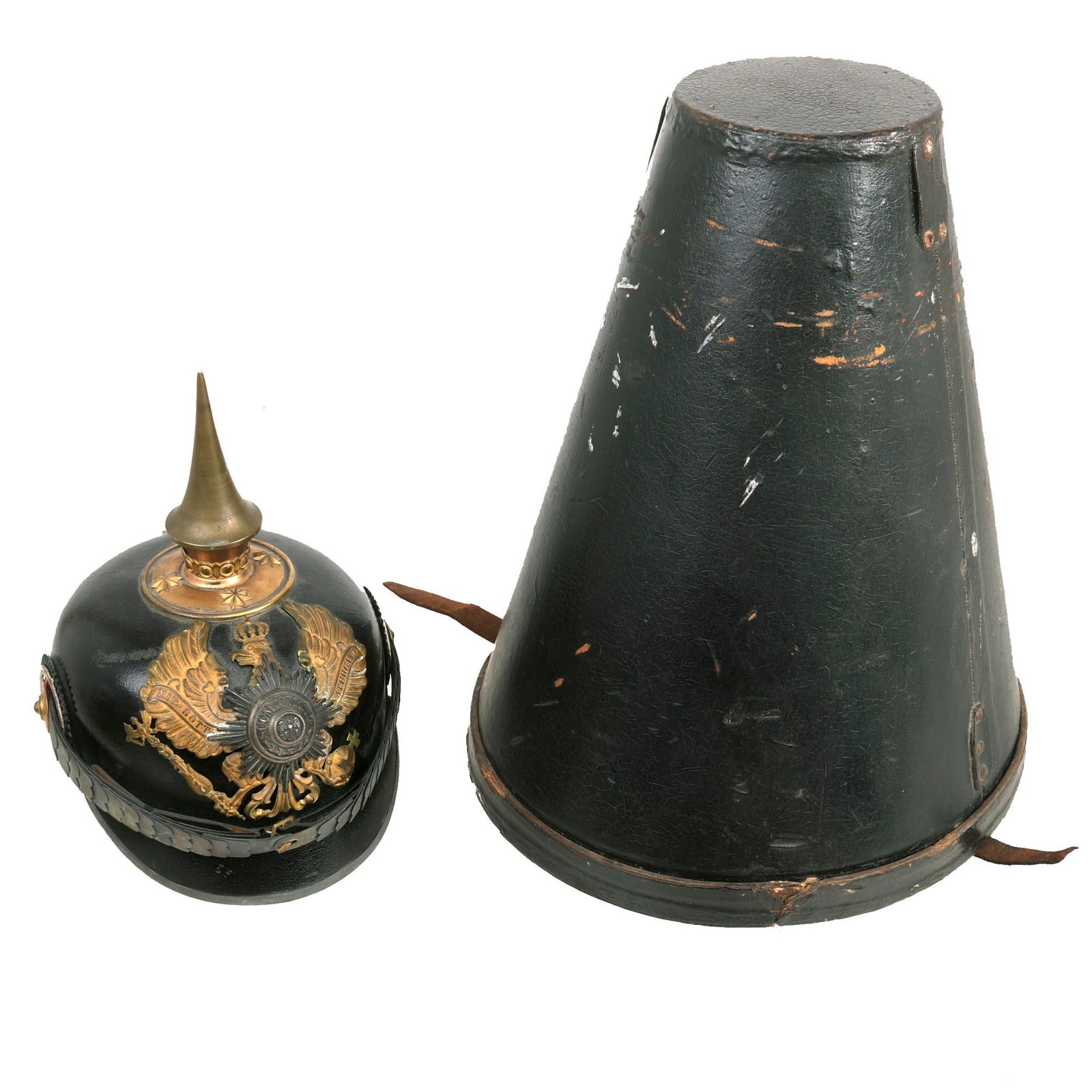 Buy Original WWI Imperial German NCO School Unteroffiziervorschule Cadre Officer’s Pickelhaube Spike Helmet with Rare Original Case | Original Firearms Antique For Sale