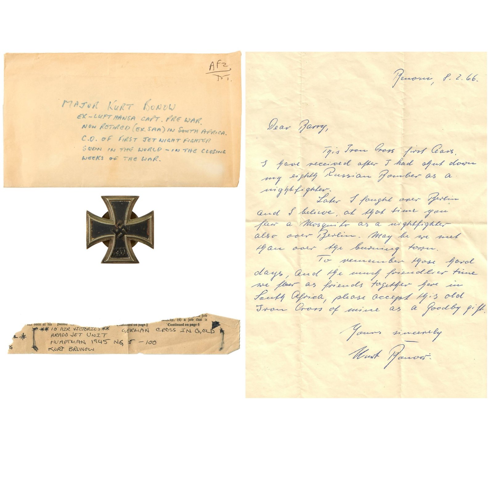 Buy Original Rare German WWII Screw Back Iron Cross First Class 1939 Awarded to Ace Night Fighter Pilot Kurt Bonow with Signed Letter - EKI | Original Firearms Antique For Sale