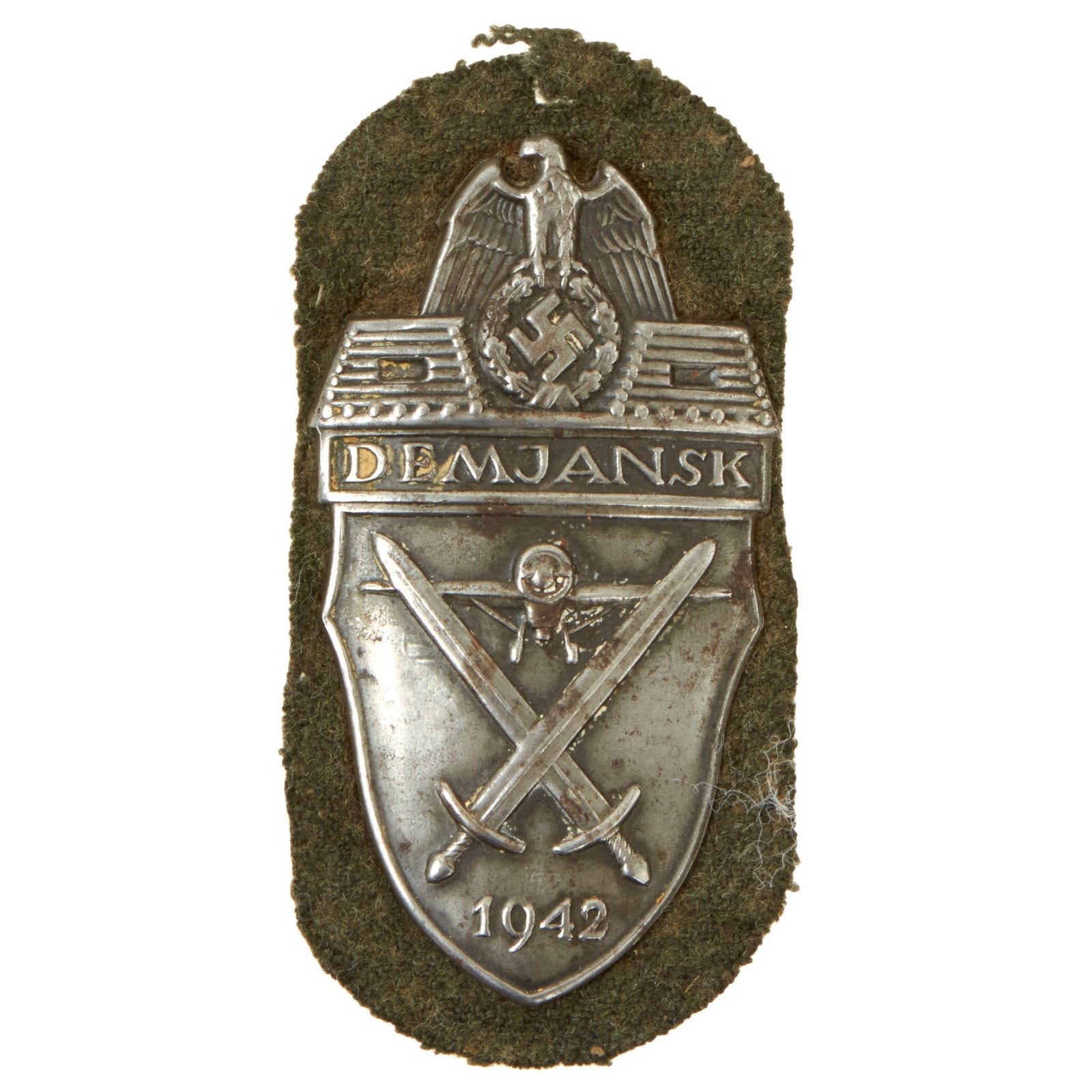 Buy Original German WWII Heer Army Demyansk Shield Decoration with Back Plate & Fabric - "Missing Log" Variant | Original Firearms Antique For Sale